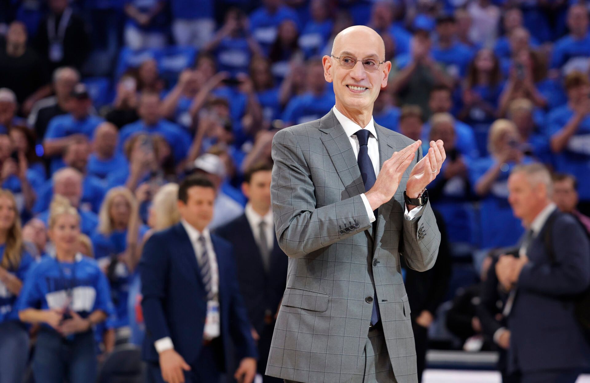 NBA commissioner is Adam Silver presents Oklahoma City Thunder guard Shai Gilgeous-Alexander (not pictured) with the Michael Jordan Trophy for winning the most valuable player award for the 2024-25 season before game two of the western conference finals for the 2025 NBA Playoffs at Paycom Center.