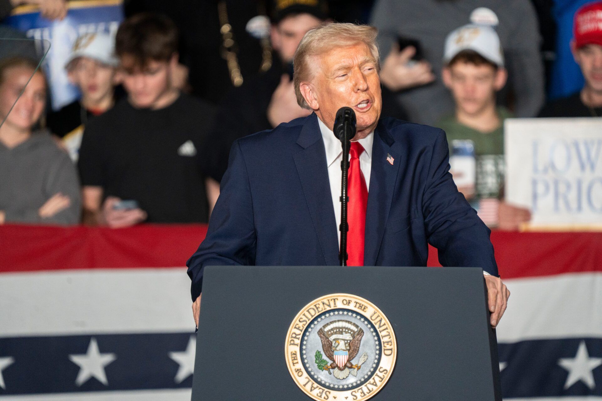 President Donald Trump speaks during a rally at Horizon Events Center on Tuesday, Jan. 27, 2026 in Clive.