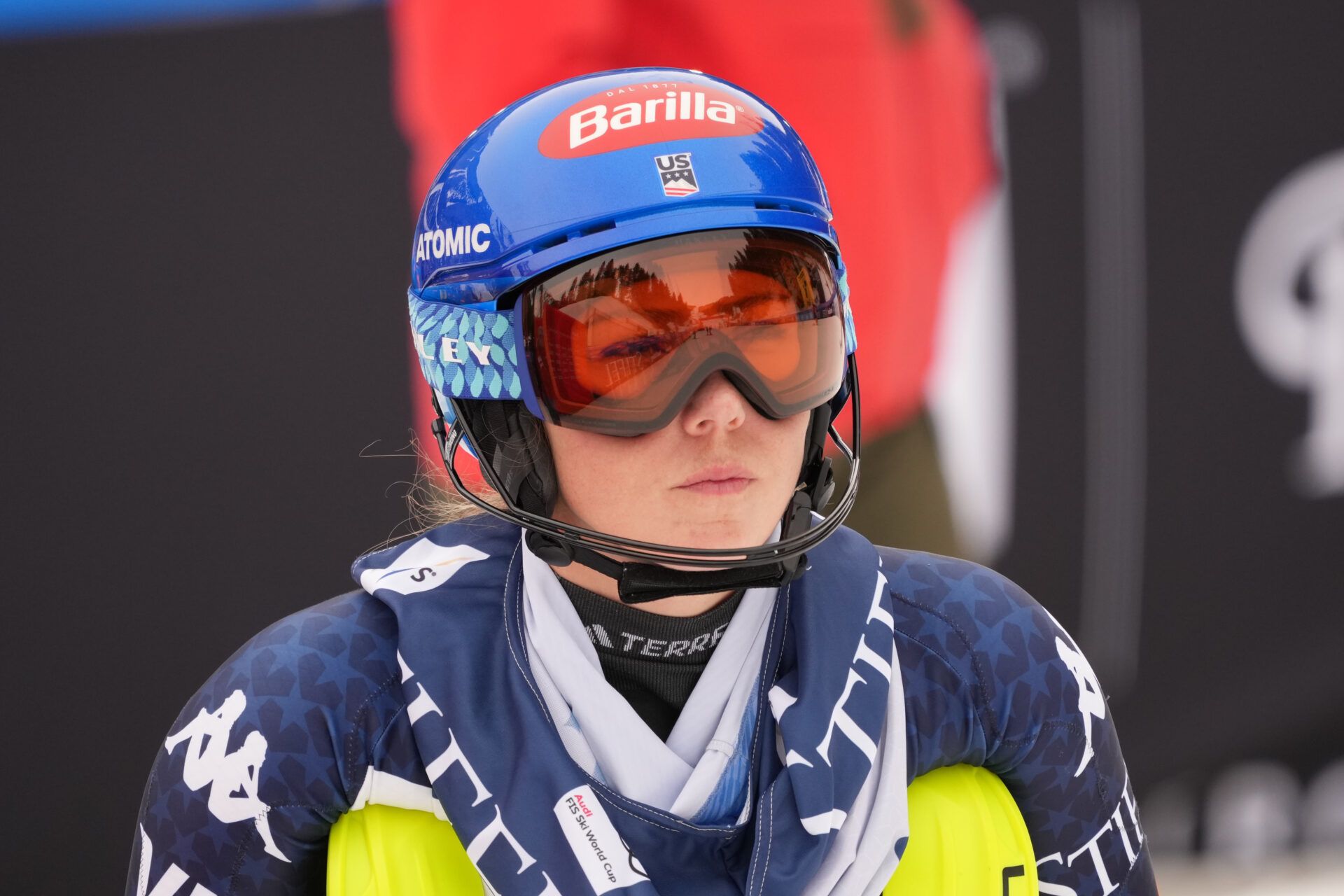 Mikaela Shiffrin of the United States before her second run of the slalom alpine skiing race in the 2025 FIS Ski World Cup at Sun Valley.