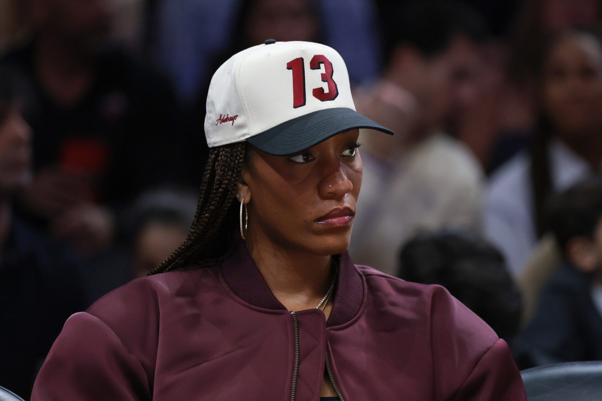 Las Vegas Aces center  A'ja Wilson attends the game between the Miami Heat and the Denver Nuggets at Kaseya Center.