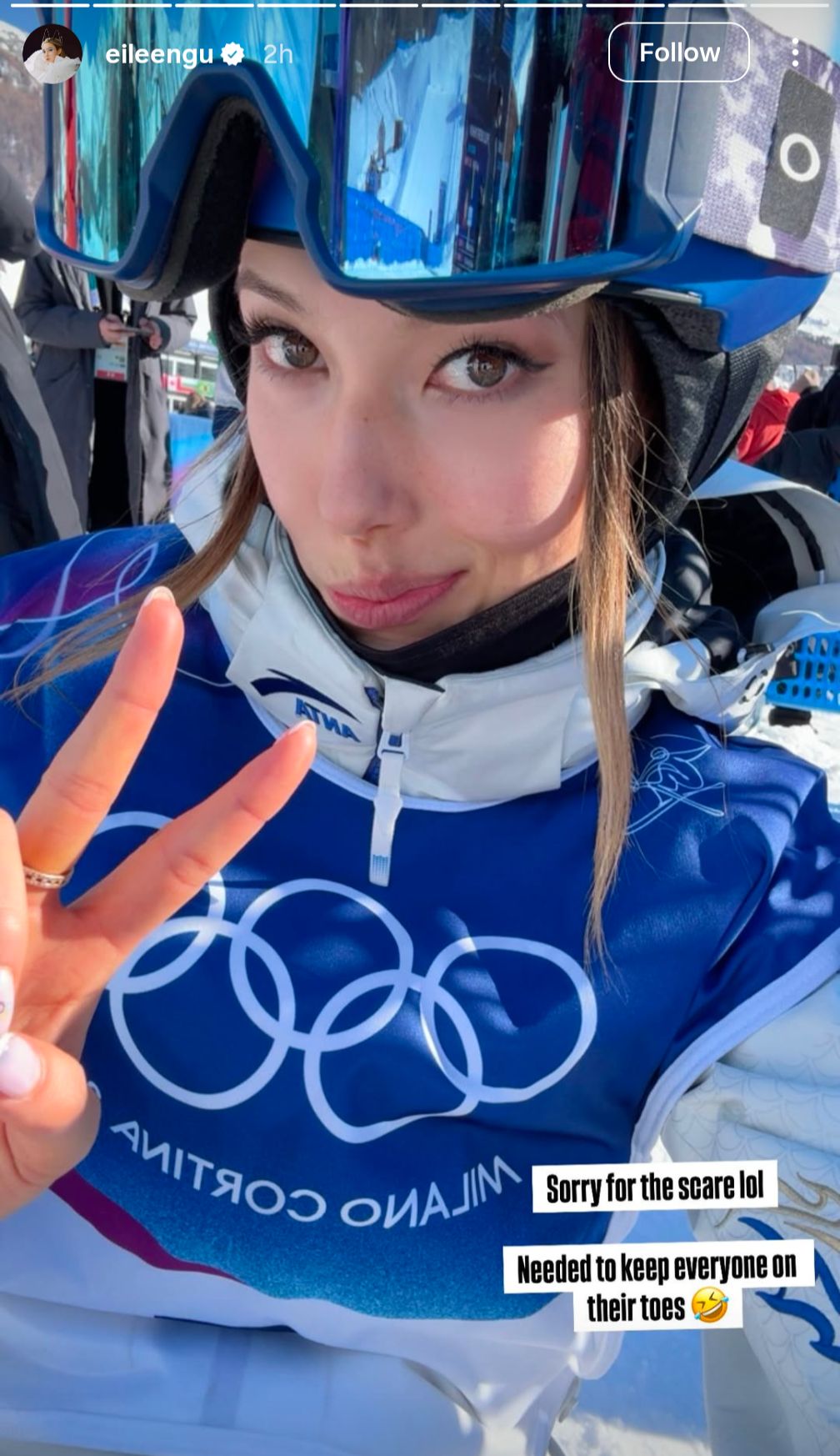 Eileen Gu's Instagram story after slopestyle run