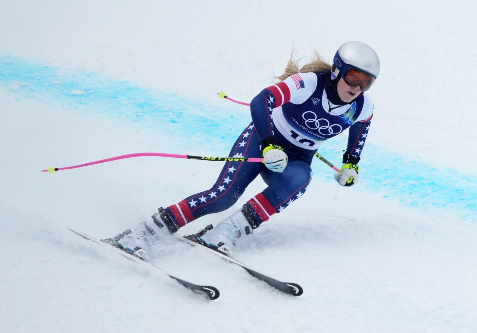 Lindsey Vonn of the United States in women's downhill training during the Milano Cortina 2026 Olympic Winter Games at Tofane Alpine Skiing Centre.