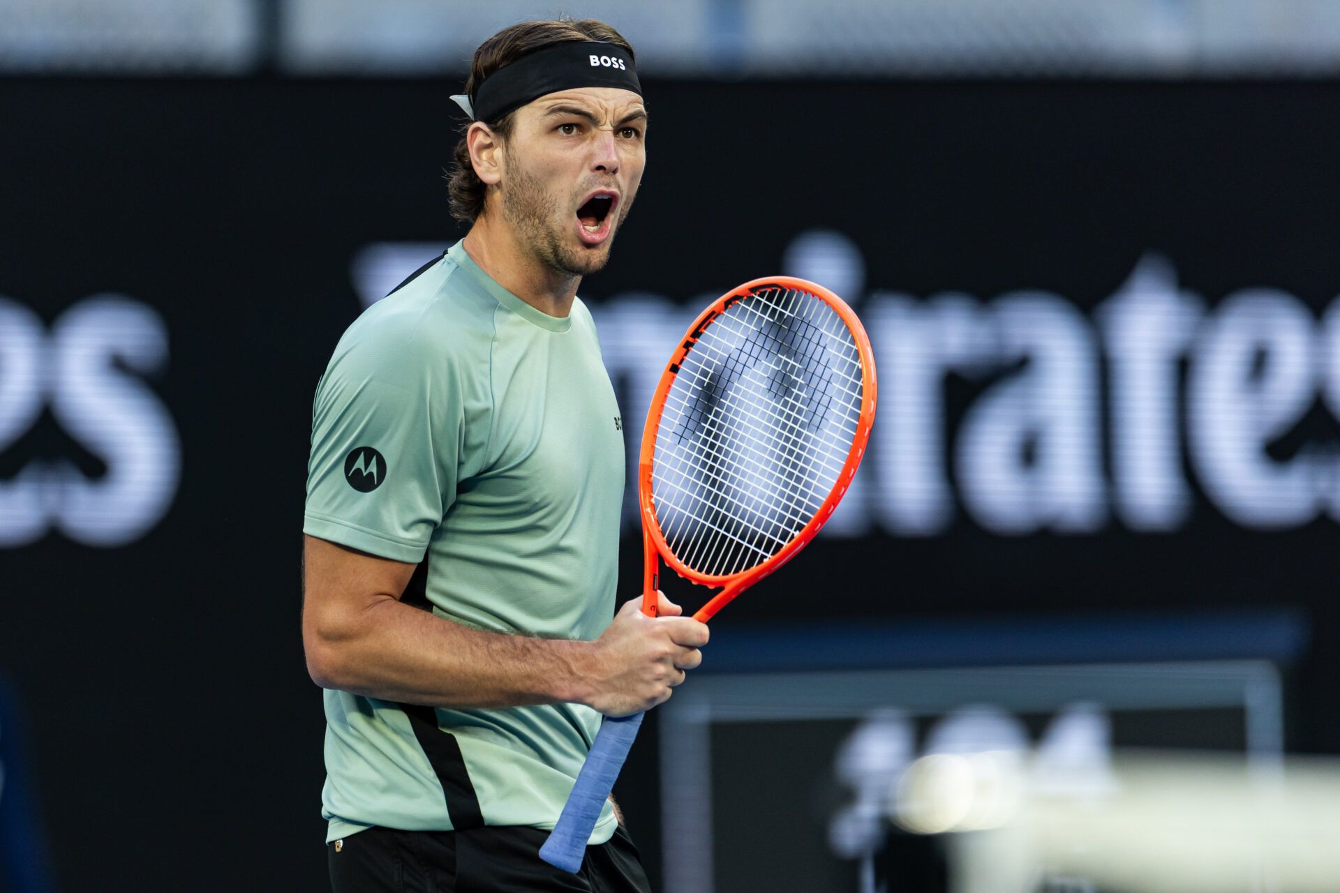 Taylor Fritz of United States in action against Vit Kopriva of Czech Republic in the second round of the mens singles at the Australian Open at John Cain Arena in Melbourne Park.