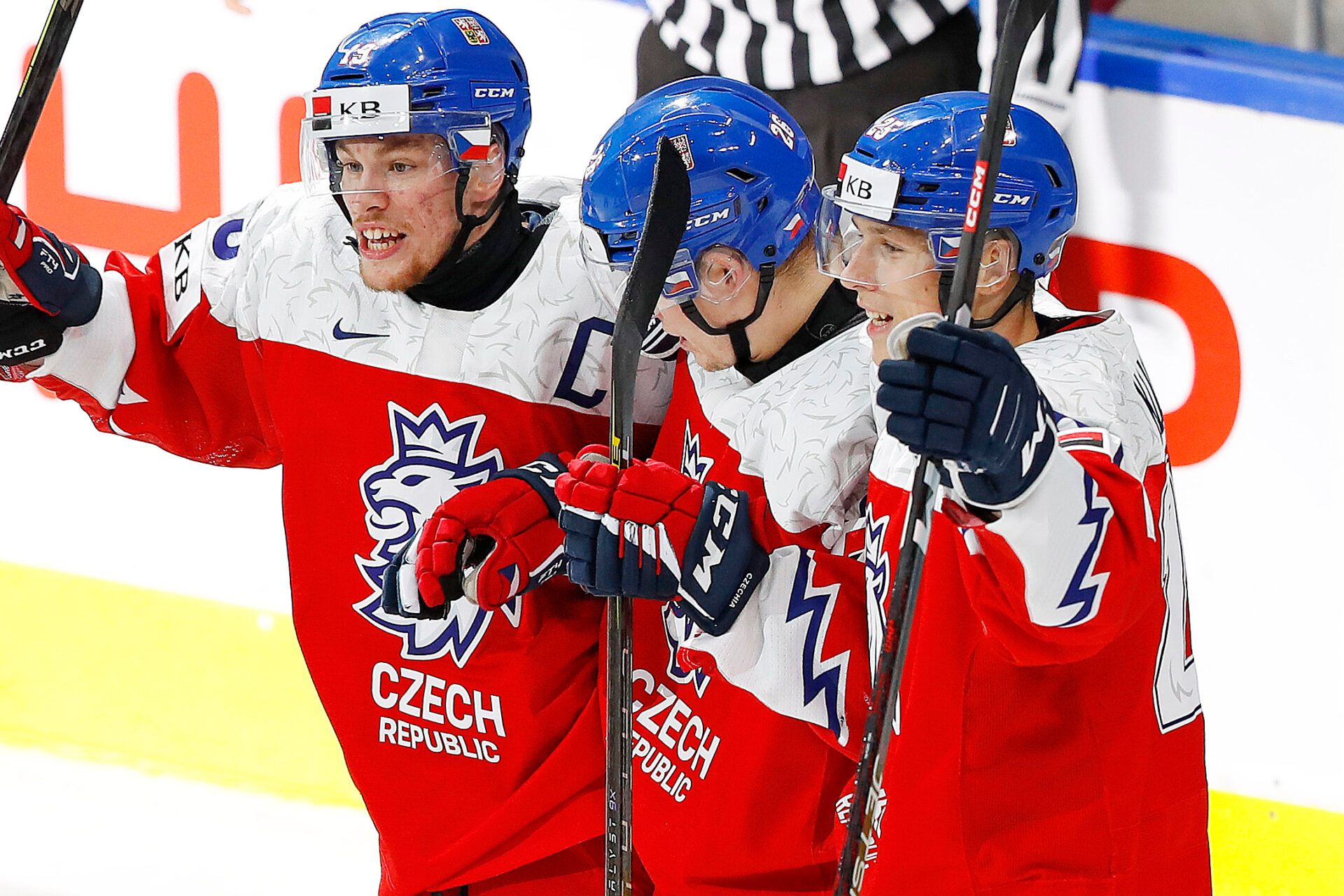 Team Czechia celebrate a goal by forward Michal Gut (26) during the second period against Team Sweden during the second period in the third place game during the IIHF U20 Ice Hockey World Championship at Rogers Place.
