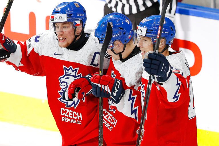 Team Czechia celebrate a goal by forward Michal Gut (26) during the second period against Team Sweden during the second period in the third place game during the IIHF U20 Ice Hockey World Championship at Rogers Place.