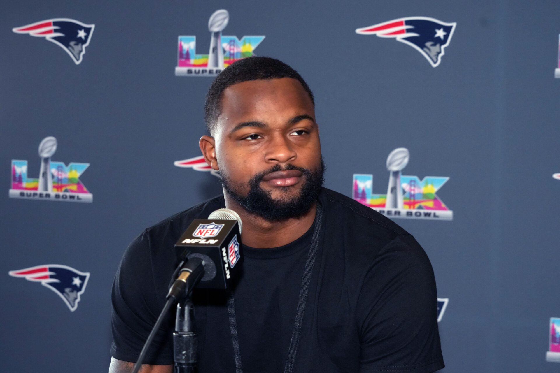 New England Patriots wide receiver Kayshon Boutte speaks to the media during Super Bowl LX press conference at Santa Clara Marriott.