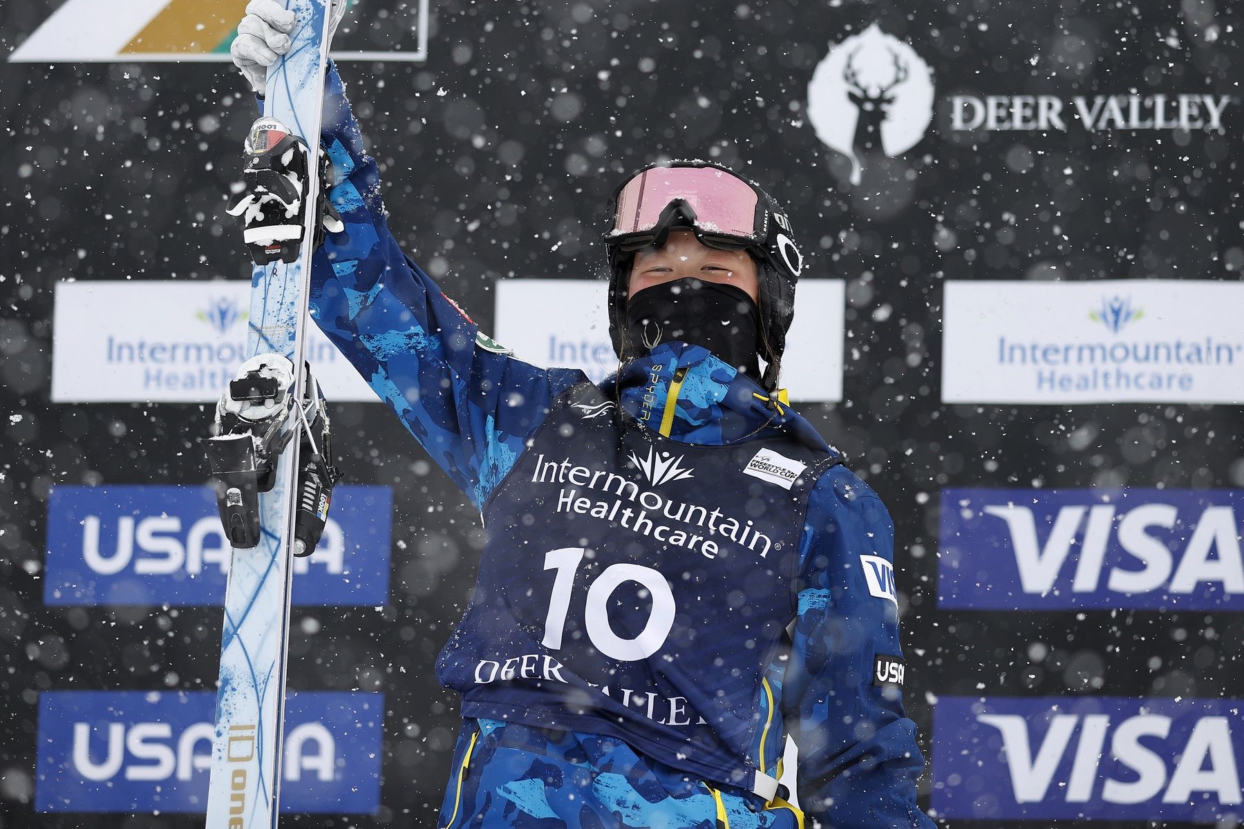 Kai Owens  (USA) reacts after taking first place in the womenÕs dual moguls competition at Deer Valley.