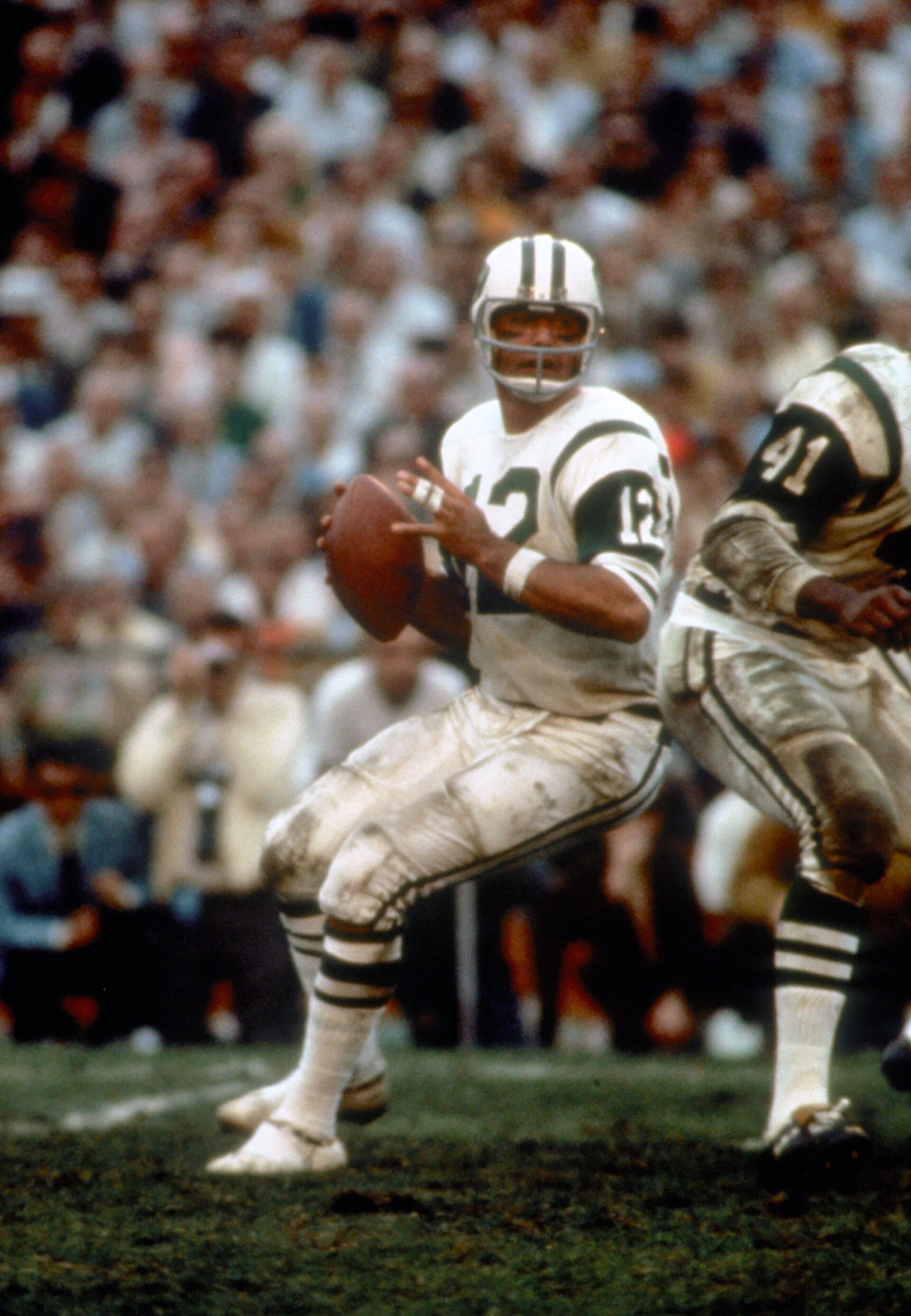 FILE PHOTO; New York Jets quarterback (12) Joe Namath in action during Super Bowl III against the Baltimore Colts at the Orange Bowl. Namath was 17-28 for 206 yards in the game and was named the most valuable player as the Jets defeated the Colts 16-7 giving the AFL their first ever Super Bowl victory over the NFL.