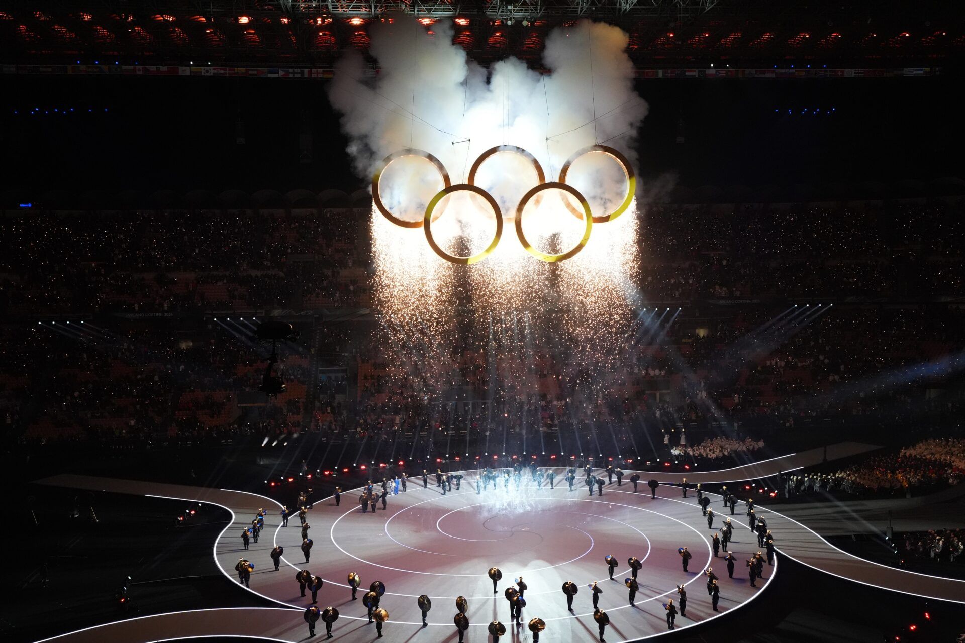 The Olympic rings during the cauldron lighting during the Opening Ceremony for the Milano Cortina 2026 Olympic Winter Games at Milano San Siro Olympic Stadium.