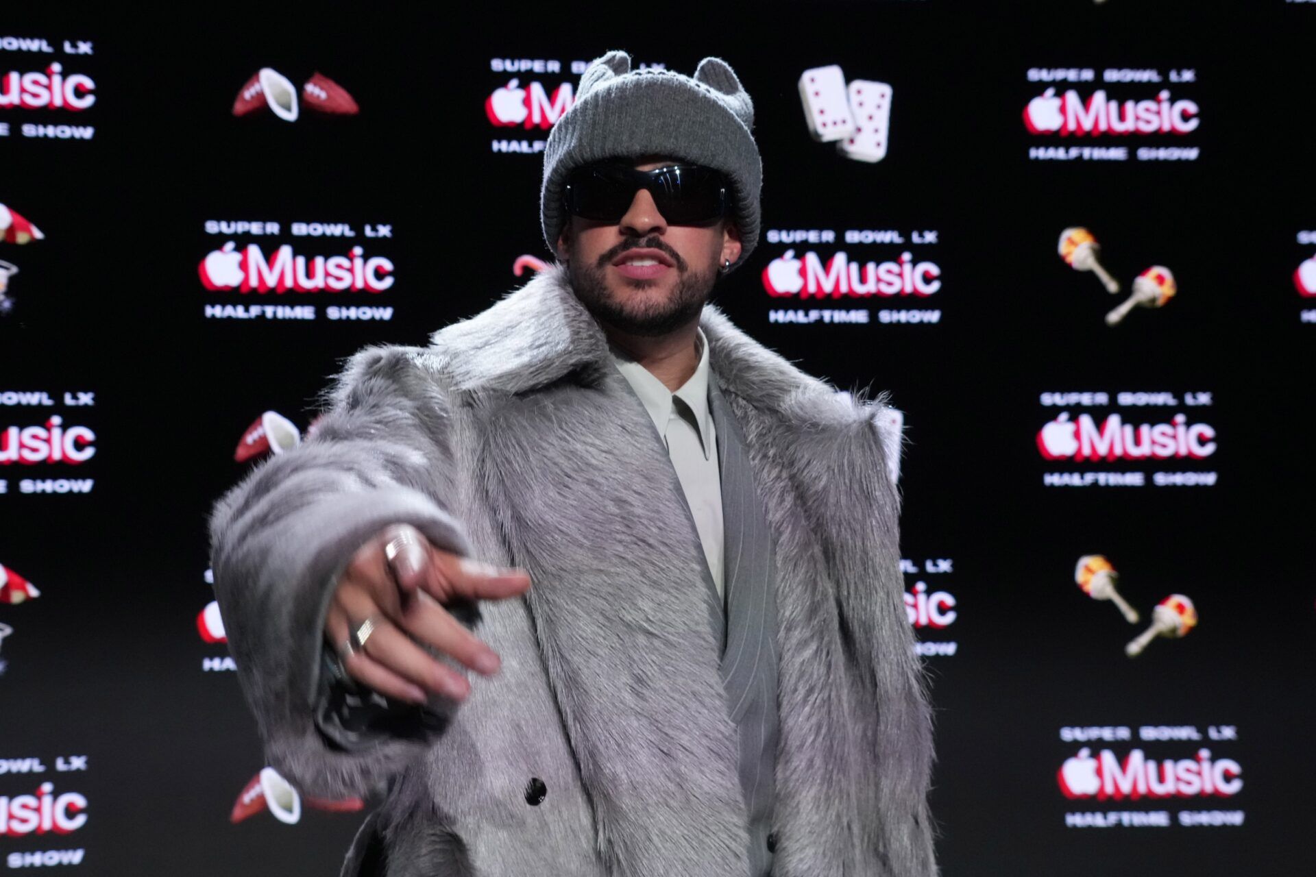 Bad Bunny during the Super Bowl LX halftime show press conference at Moscone Center.
