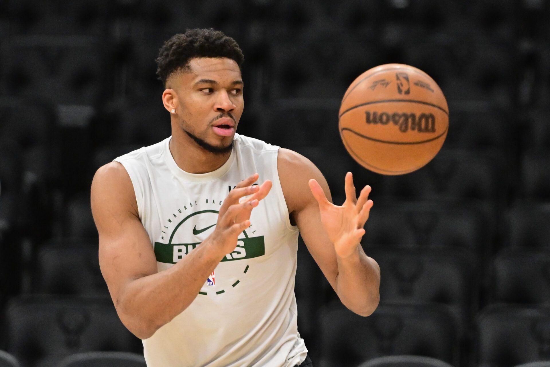 Milwaukee Bucks forward Giannis Antetokounmpo (34) warms up before game against the Indiana Pacers at Fiserv Forum.