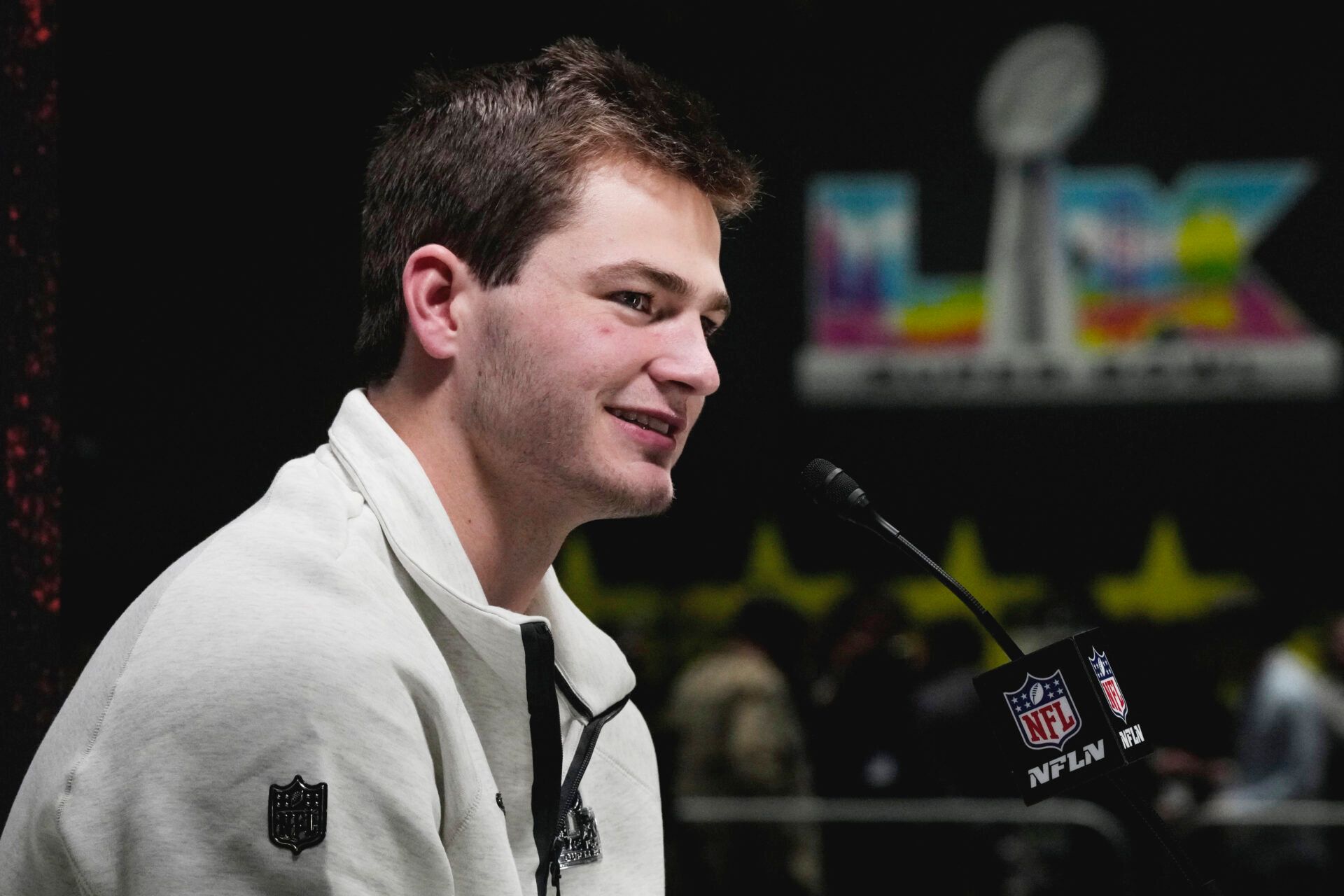 New England Patriots quarterback Drake Maye (10) speaks to media during Opening Night for Super Bowl LX at San Jose Convention Center.