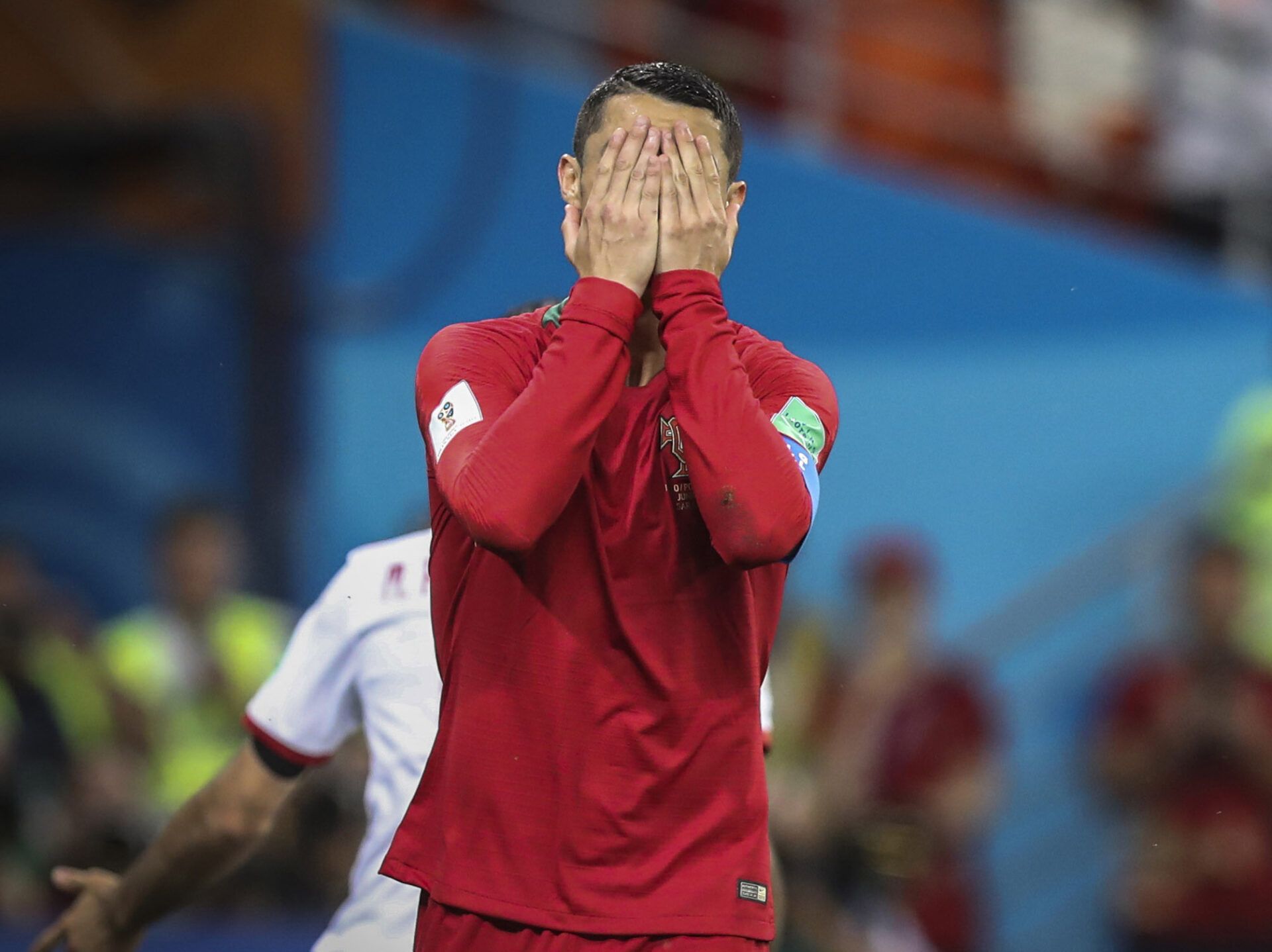 Portugal player Cristiano Ronaldo reacts after missing a penalty shot against Iran in Group B play during the FIFA World Cup 2018 at Mordovia Arena.