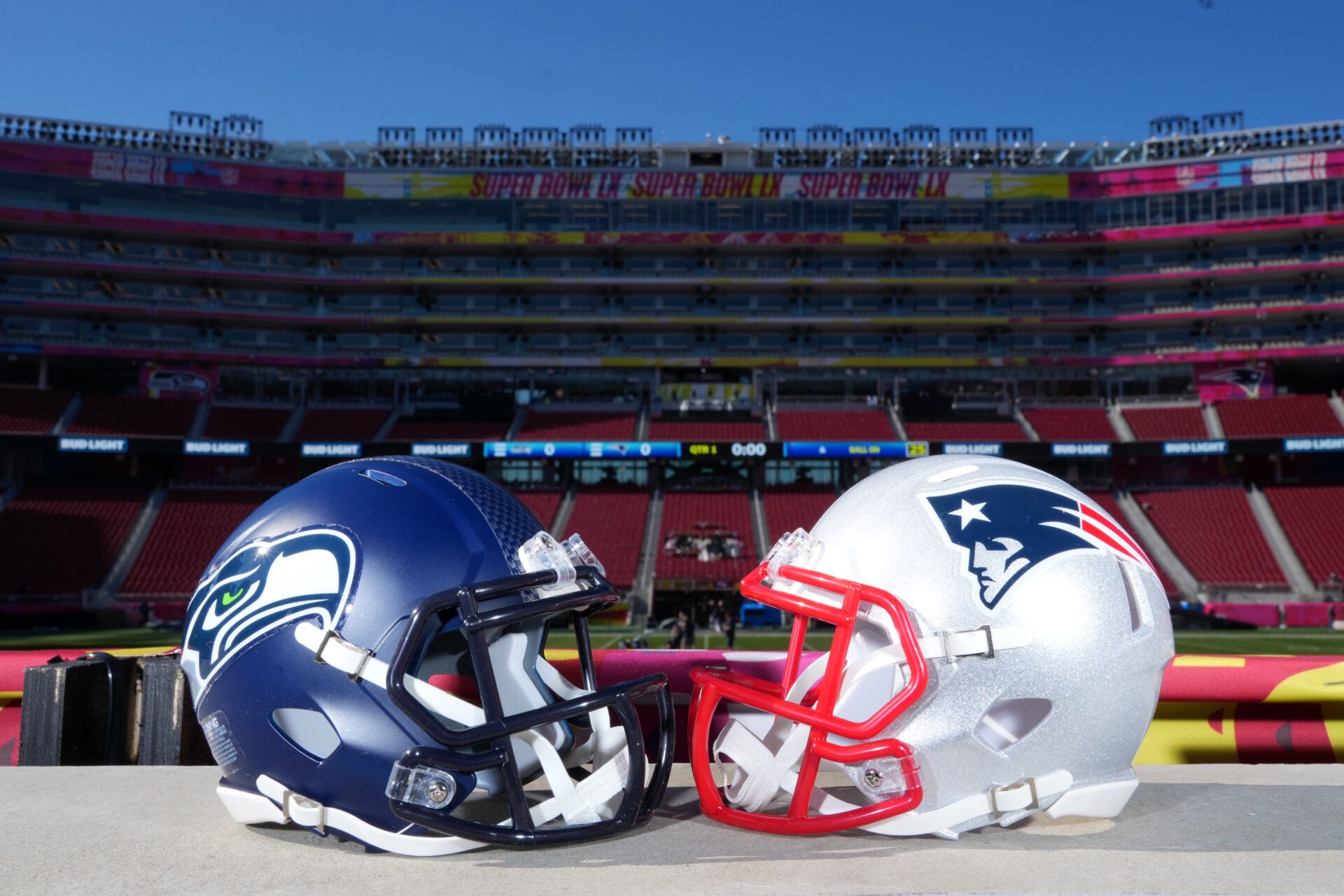 Seattle Seahawks and New England Patriots helmets at Levi's Stadium.