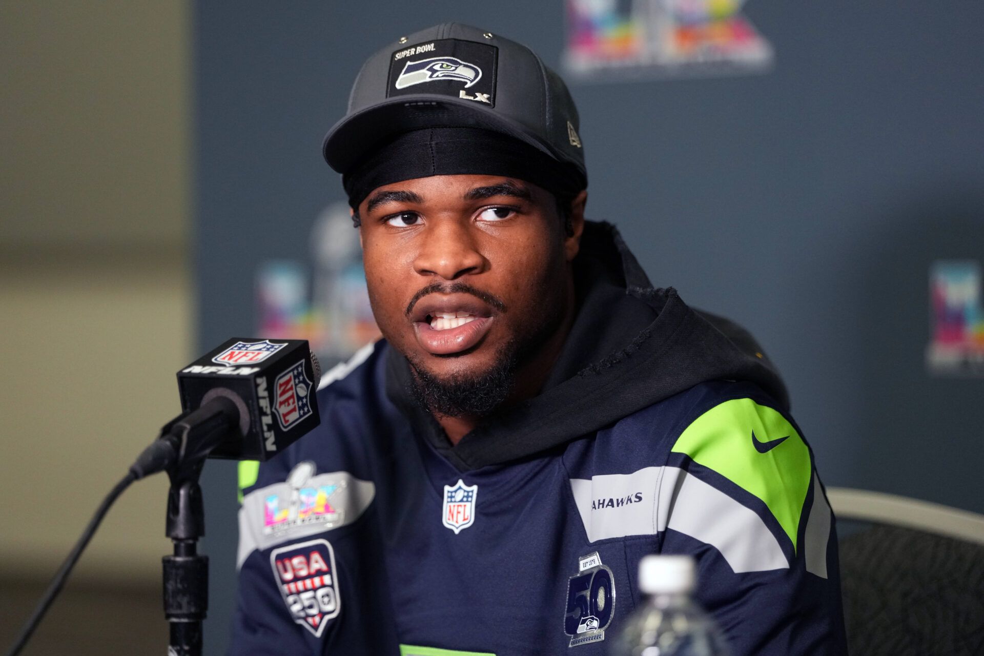 Seattle Seahawks safety Nick Emmanwori (3) talks to media members at the San Jose Marriott.