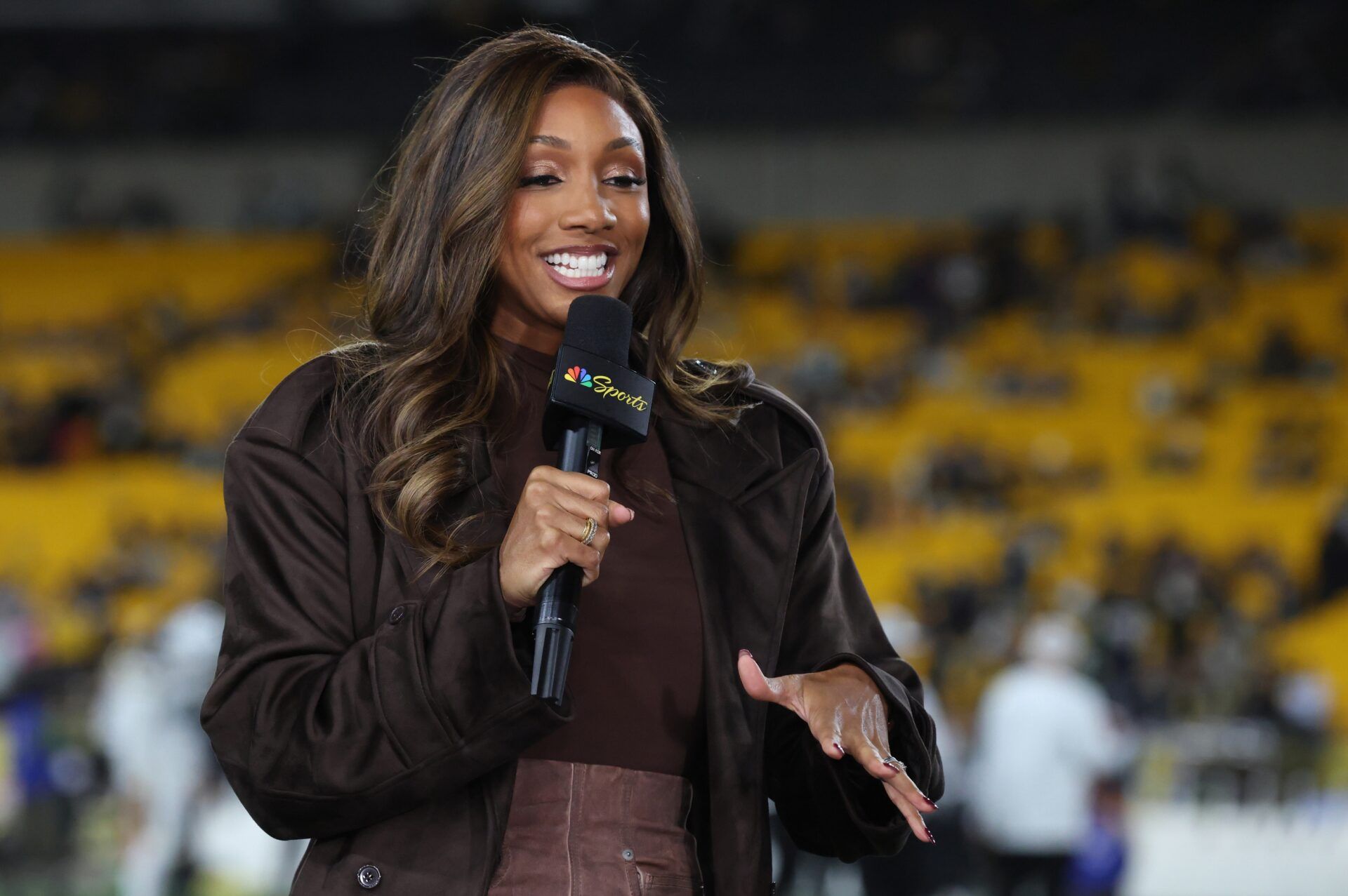 Sunday Football Night in America host Maria Taylor delivers the pre-game show before the Pittsburgh Steelers host the Green Bay Packers at Acrisure Stadium.