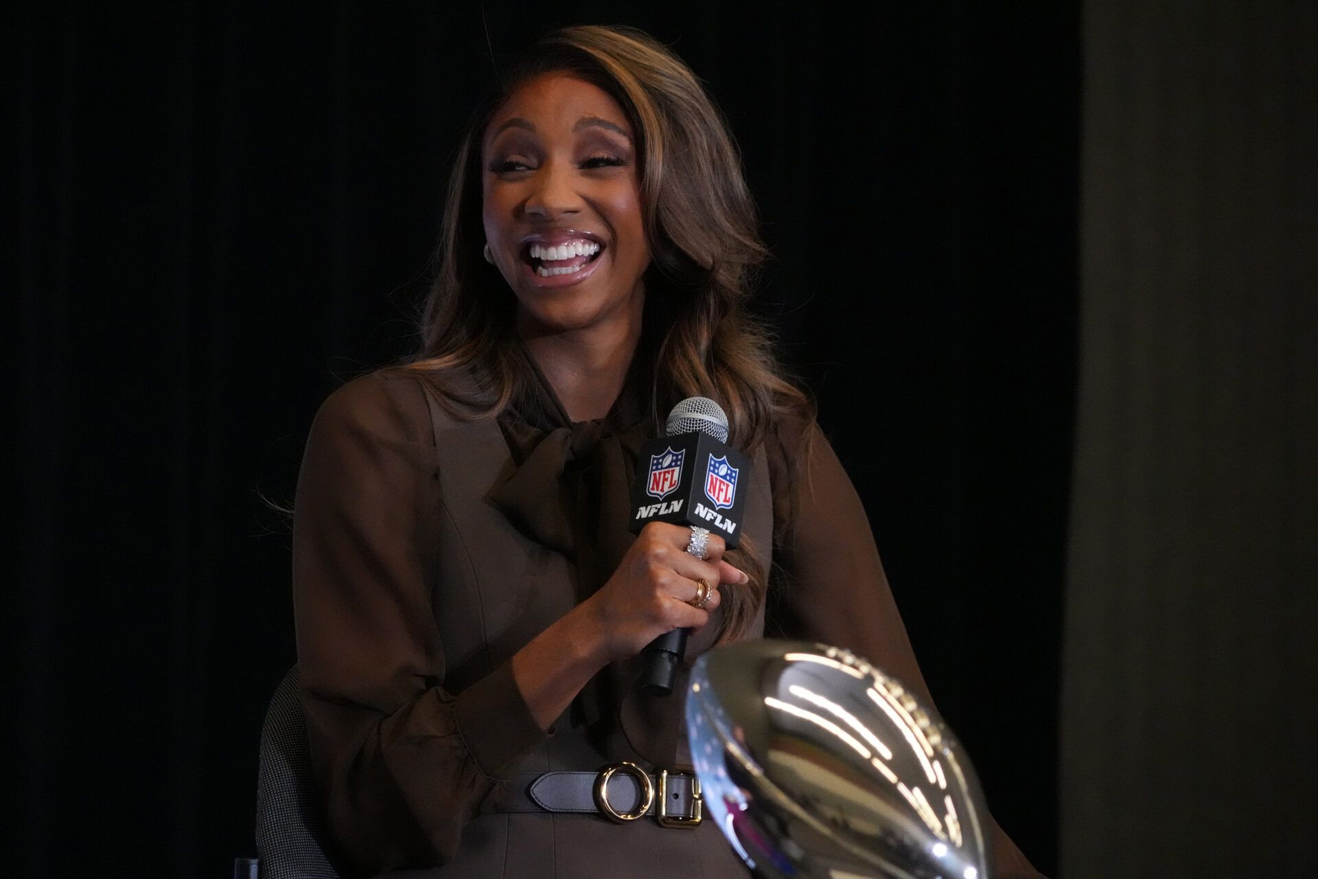 Sports commentator Maria Taylor speaks at the Roger Goodell Press Conference at San Jose Convention Center.