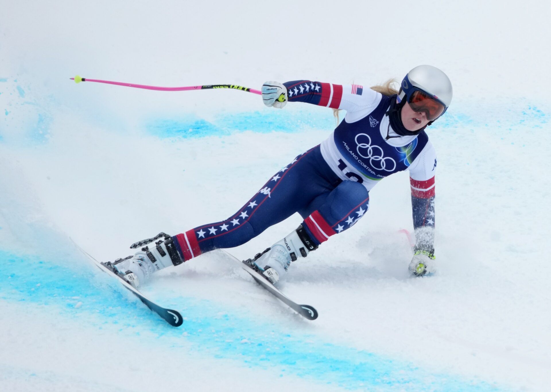 Lindsey Vonn of the United States in women's downhill training during the Milano Cortina 2026 Olympic Winter Games at Tofane Alpine Skiing Centre.