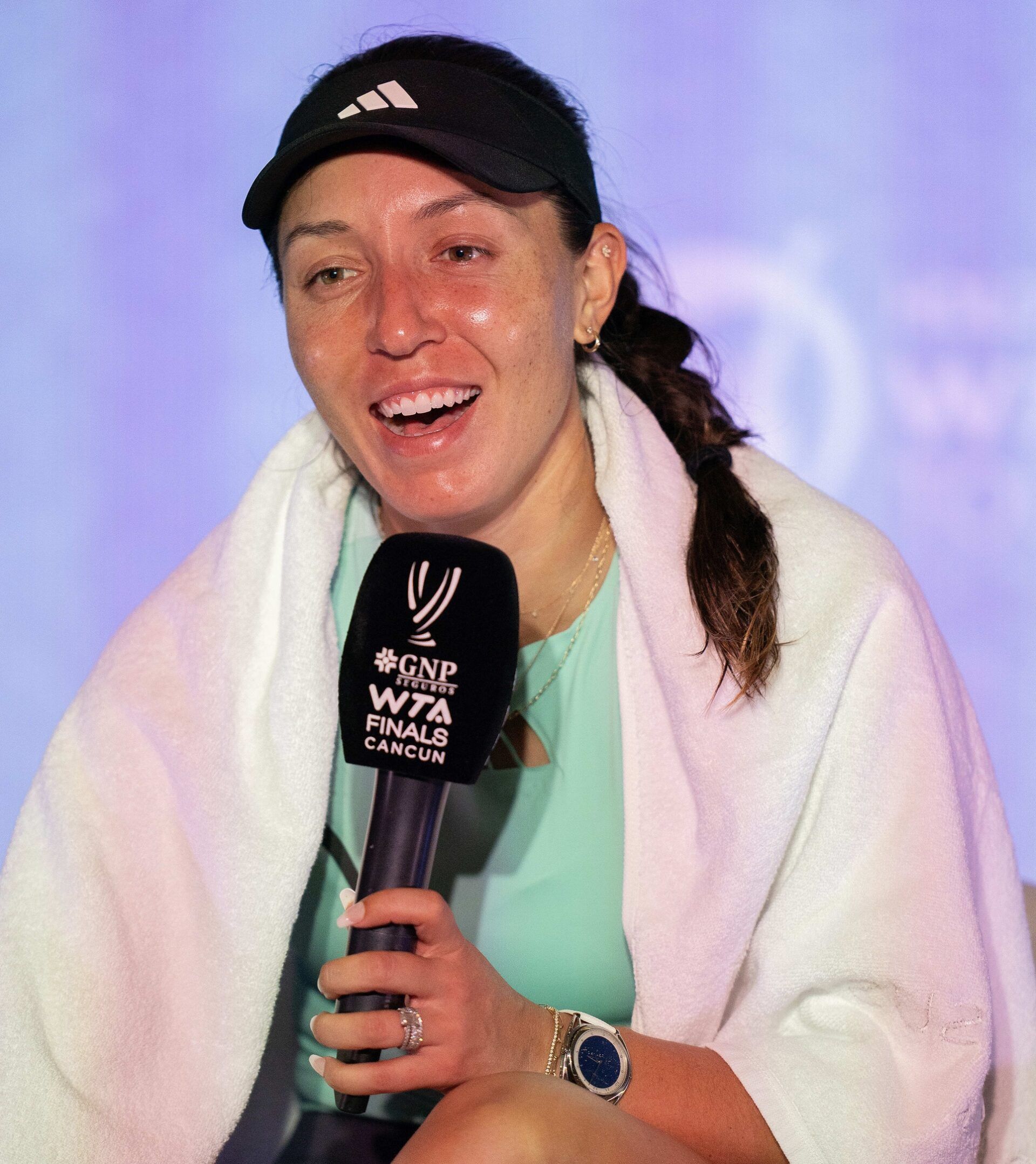 Jessica Pegula (USA) in her press conference after her match against Aryna Sabalenka on day three of the GNP Saguaros WTA Finals Cancun.