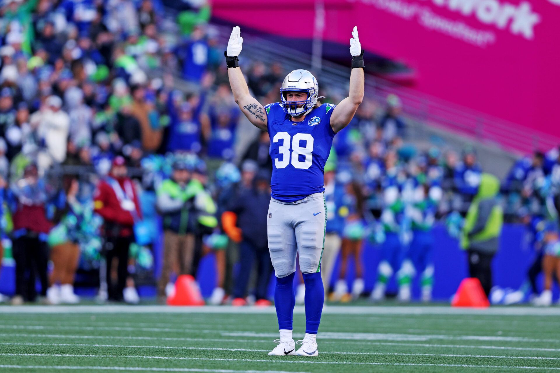 Seattle Seahawks fullback Brady Russell (38) reacts after a play during the second half against the Minnesota Vikings at Lumen Field.