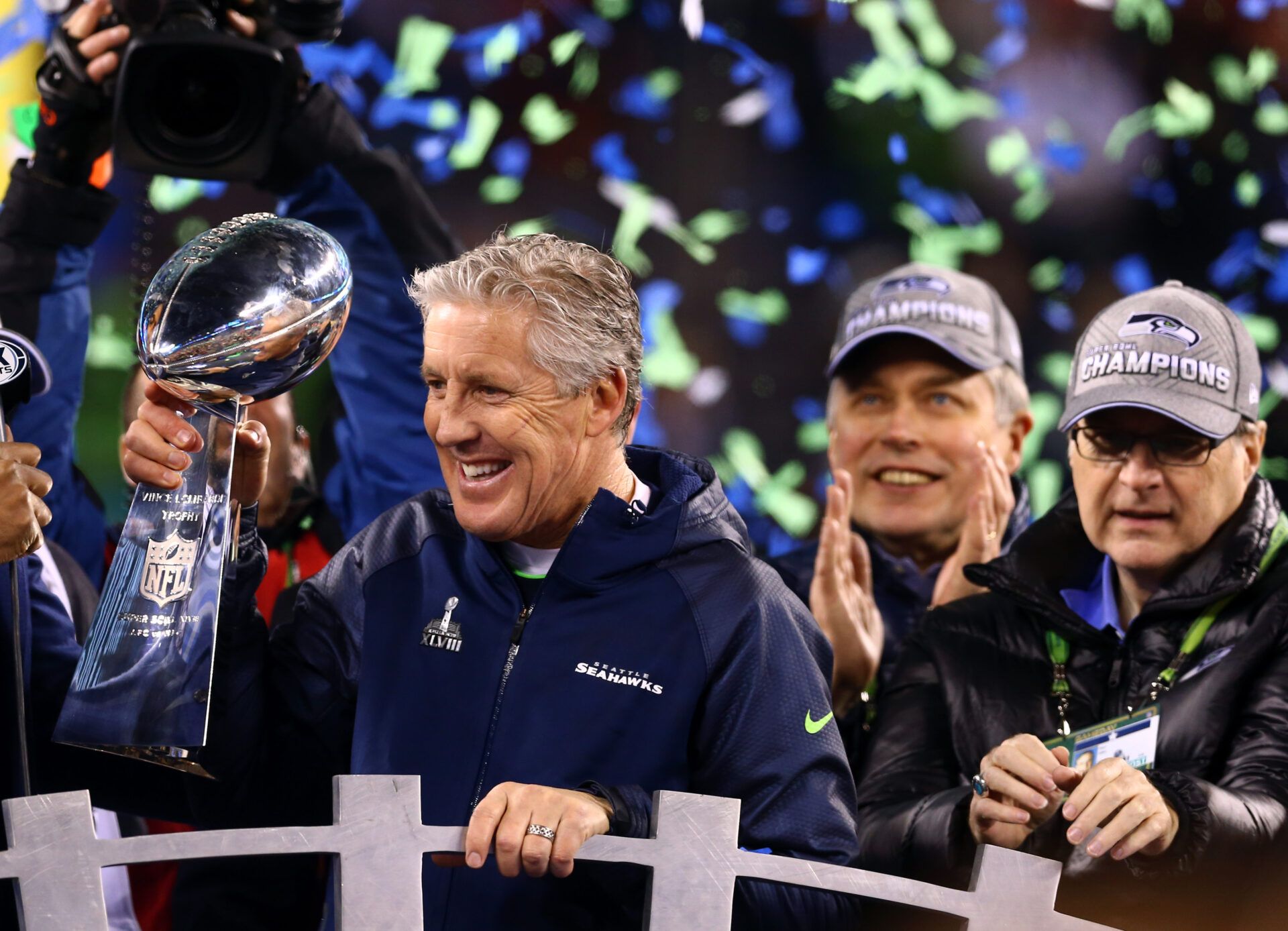 Seattle Seahawks head coach Pete Carroll hoists the Vince Lombardi Trophy after Super Bowl XLVIII against the Denver Broncos at MetLife Stadium.