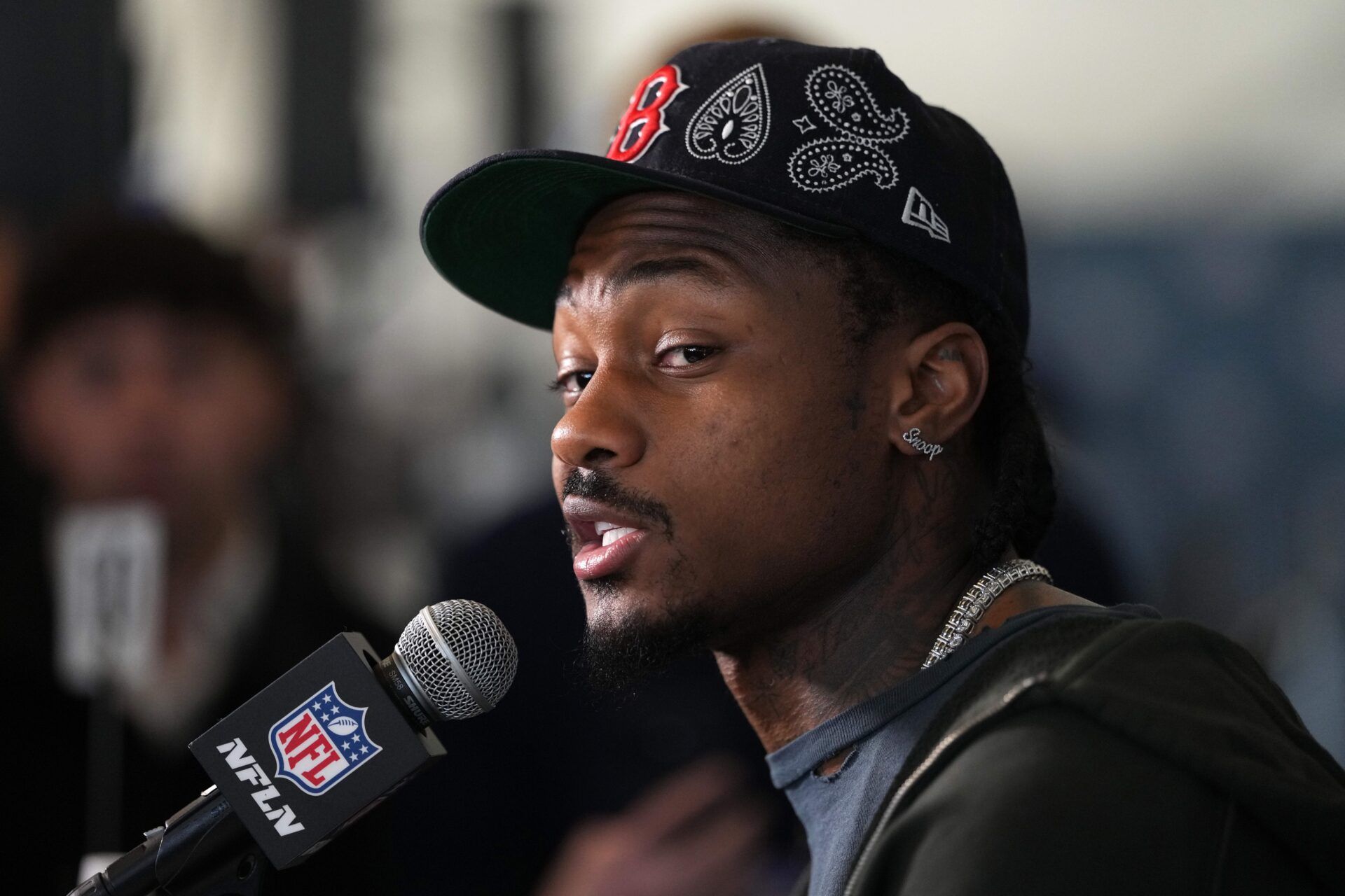New England Patriots wide receiver Stefon Diggs (8) talks to media members at the Santa Clara Marriott.