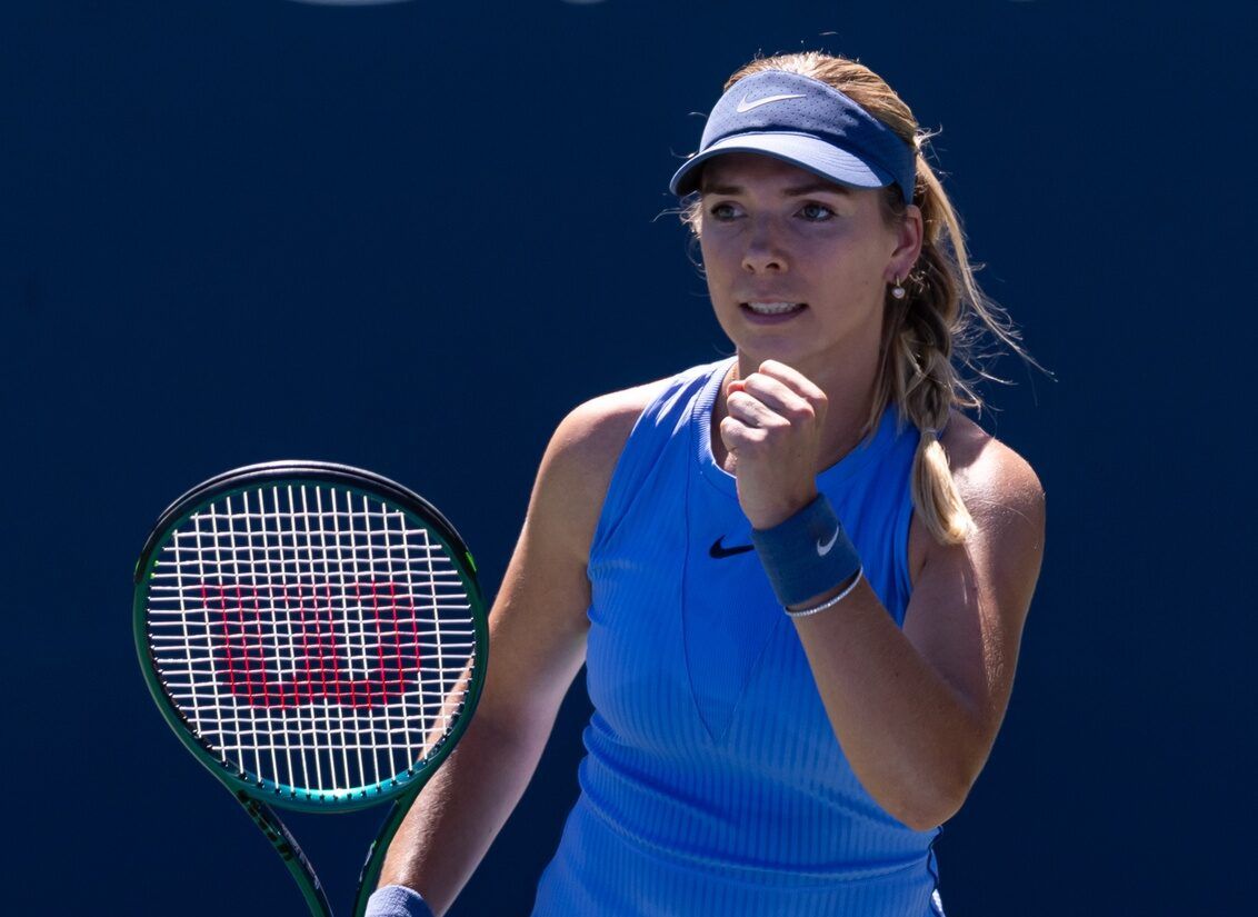Katie Boulter of United Kingdom in action against Marta Kostyuk of Ukraine in the first round of the women’s singles at the US Open at Billie Jean King National Tennis Centre.
