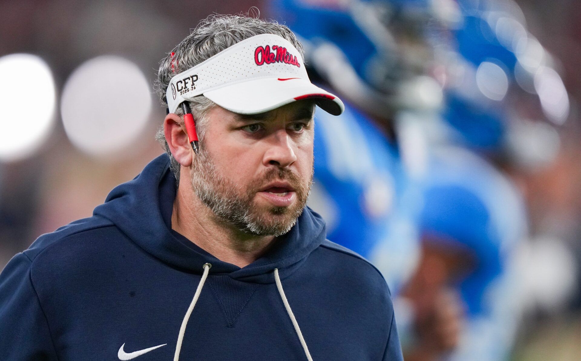Ole Miss head coach Pete Golding runs off the field during warmups before the CFP Fiesta Bowl at the State Farm Stadium, in Glendale, Ariz., on Thursday, Jan. 8, 2026.