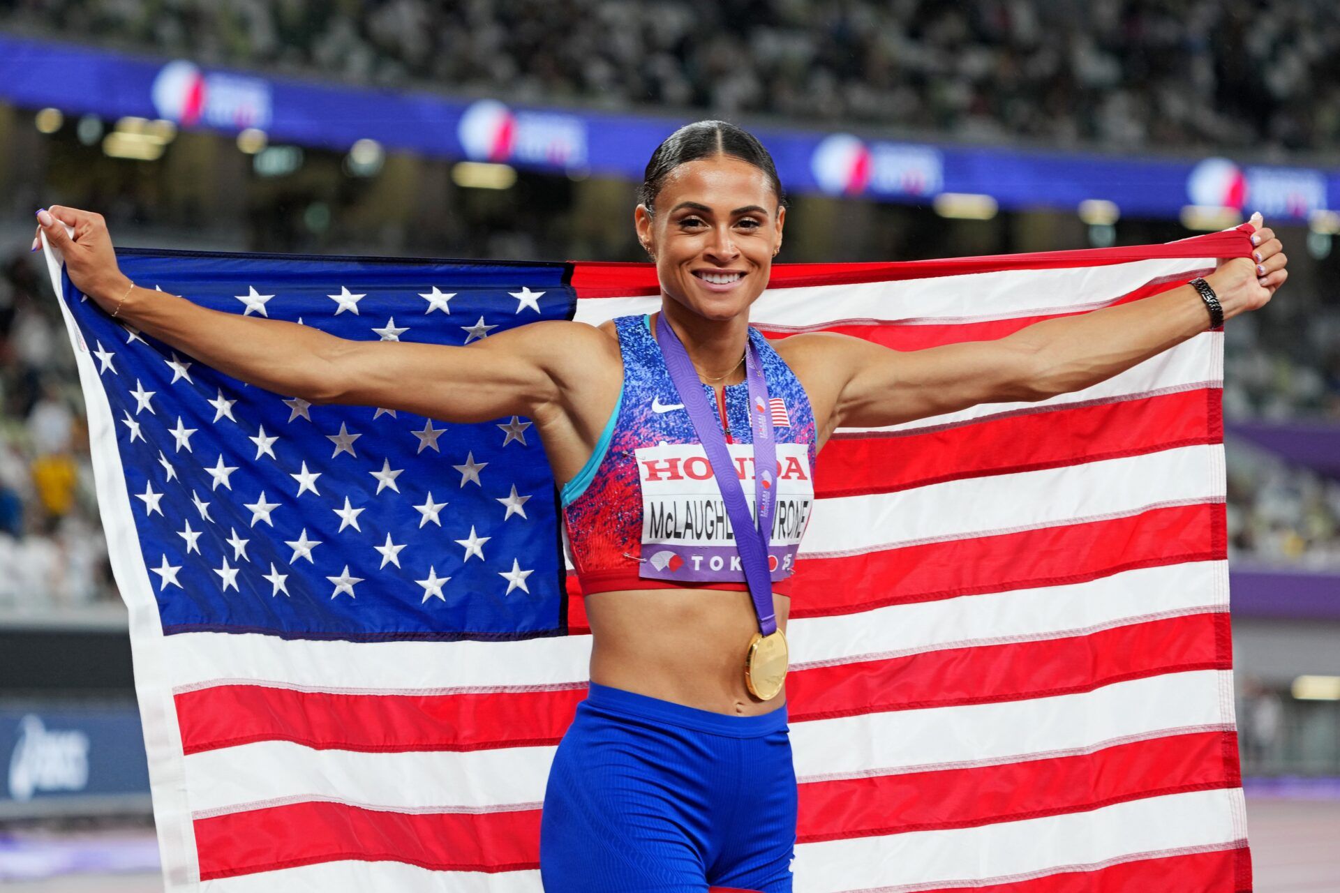 Sydney Mclaughlin-Levrone (USA) celebrates after winning the gold medal in the womens 400m during the World Athletics Championships at National Stadium.