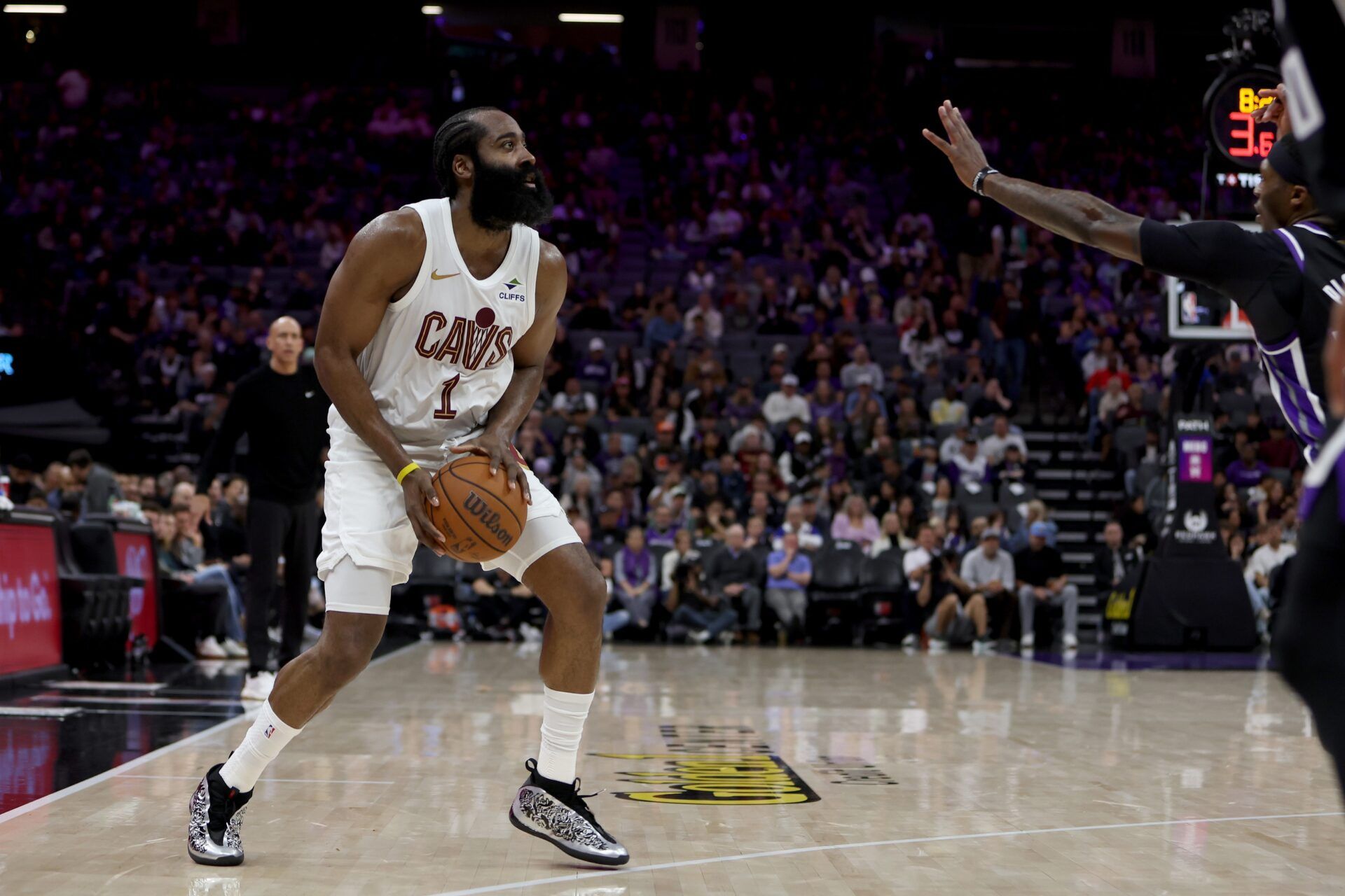 Cleveland Cavaliers guard James Harden (1) shoots the ball against the Sacramento Kings during the third quarter at Golden 1 Center.