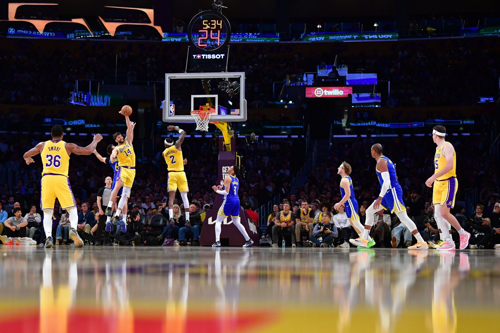 Los Angeles Lakers forward Maxi Kleber (14) gets the rebound against the Golden State Warriors during the second half at Crypto.com Arena.