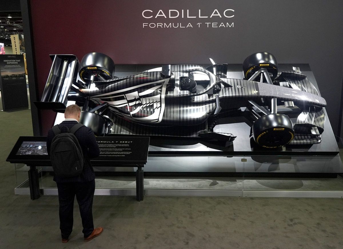 The Cadillac F1 test car on display during the Detroit Auto Show at Huntington Place in Detroit on Wednesday, Jan. 14, 2026.