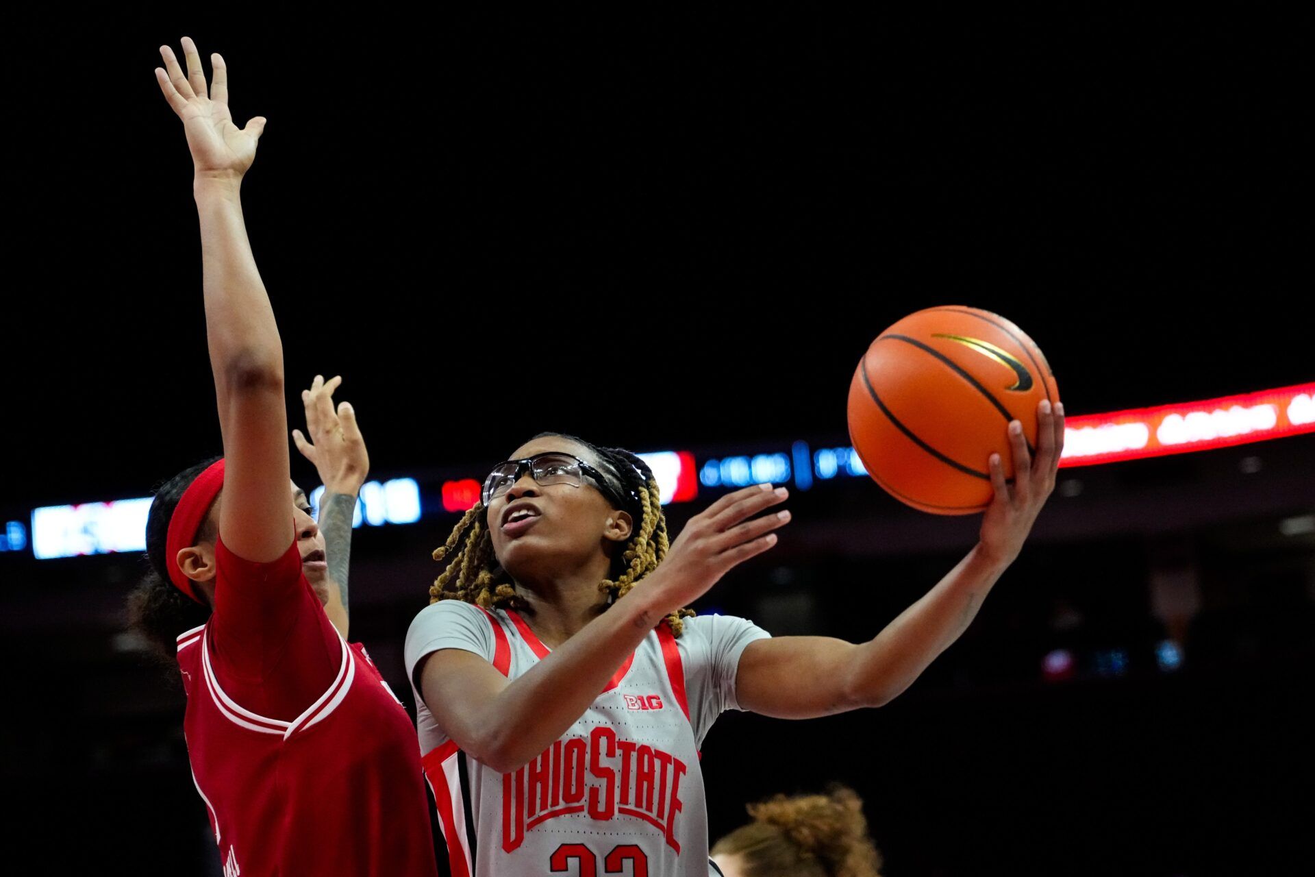 Ohio State Buckeyes guard Jaloni Cambridge (22) shoots the ball against the Wisconsin Badgers in the first half of the NCAA basketball game at Value City Arena on Thursday, Jan. 29, 2026 in Columbus, Ohio.