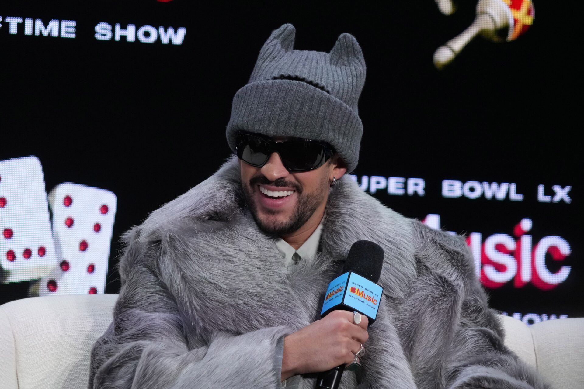 Bad Bunny during the Super Bowl LX halftime show press conference at Moscone Center.