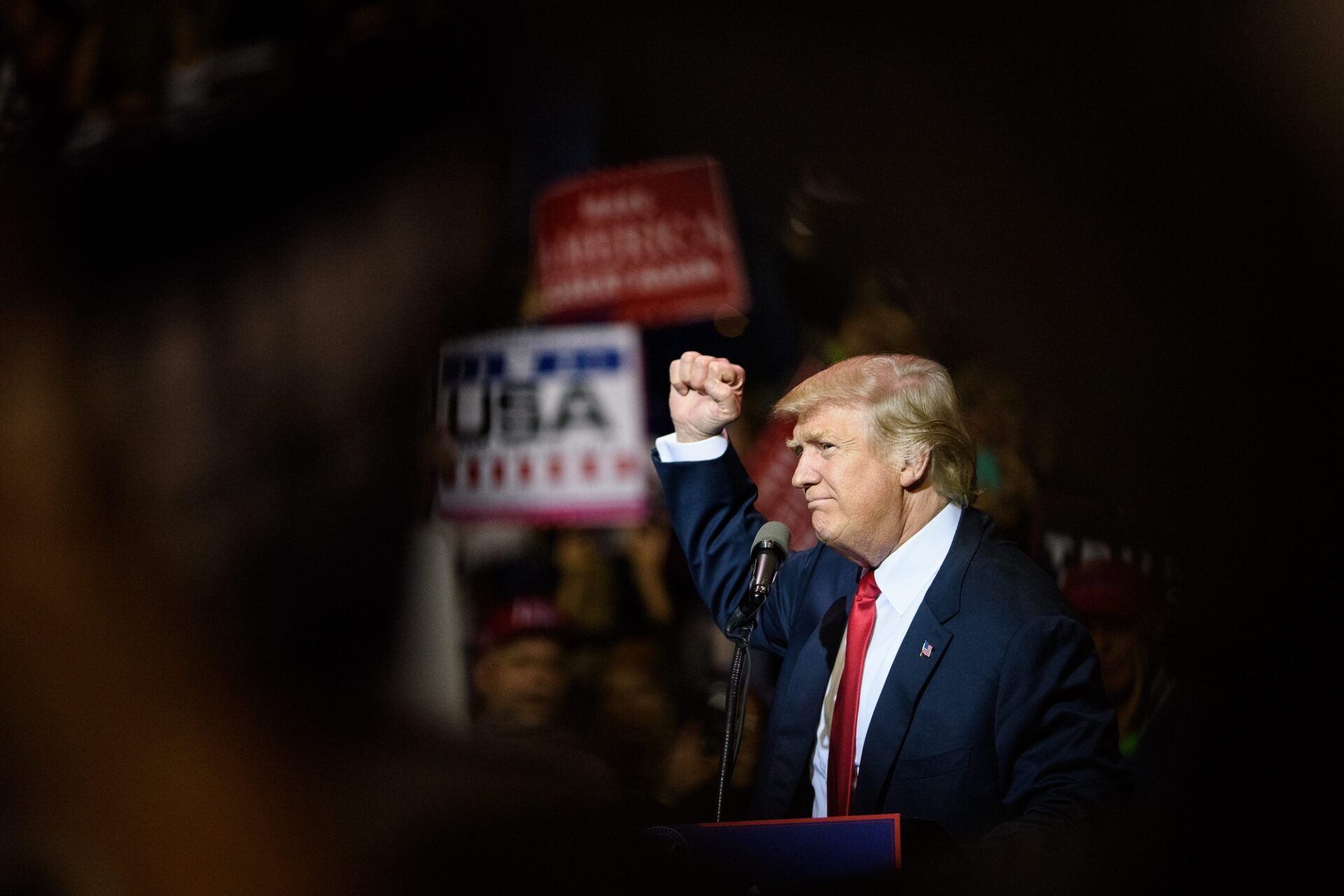 President-elect Donald Trump puts his fist in the air after finishing his speech at the Thank You Tour Rally on Tuesday, Dec. 6, 2016, at the Crown Coliseum.