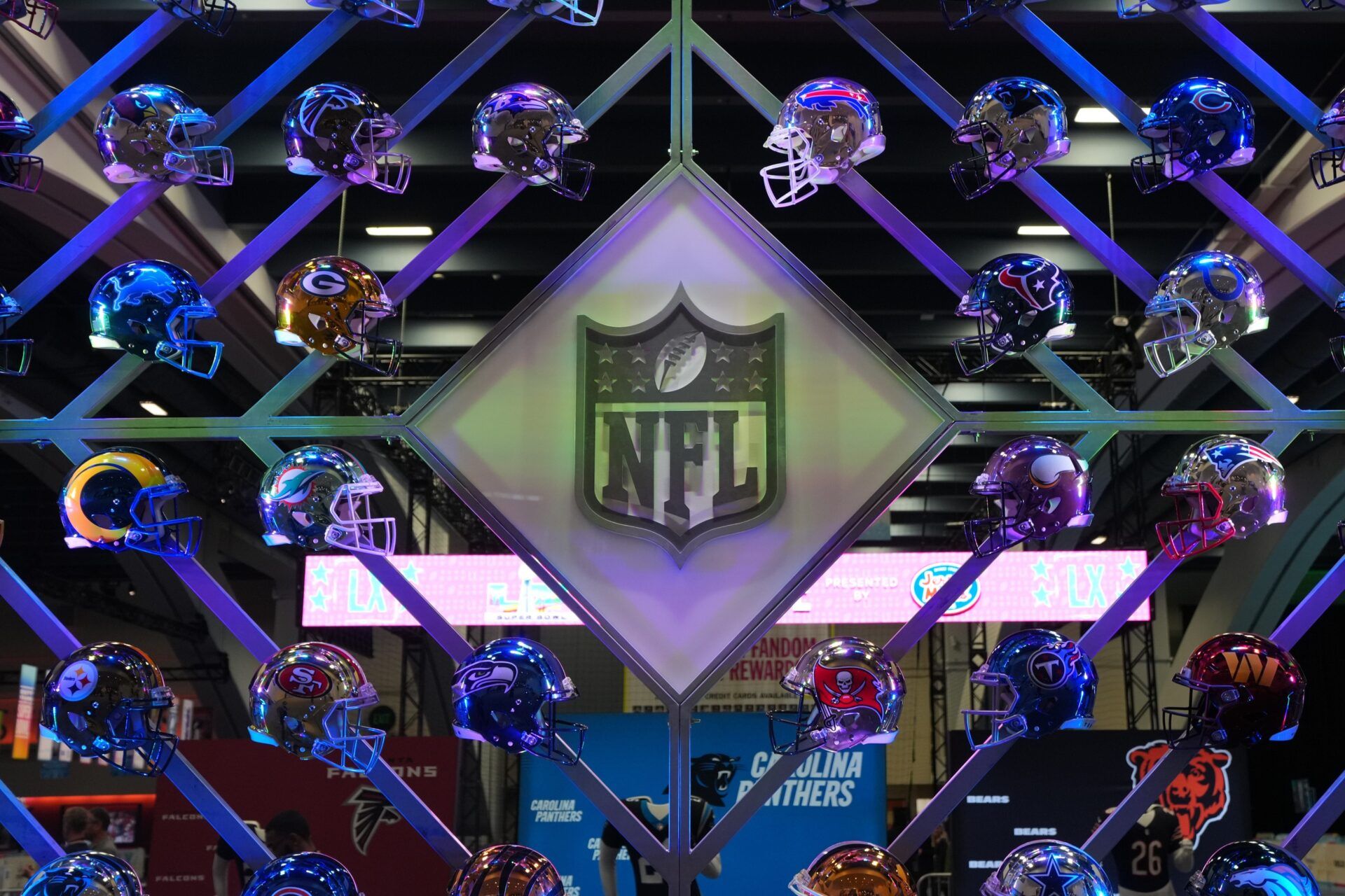 The NFL shield logo at the Super Bowl LX Experience at the Moscone Center.