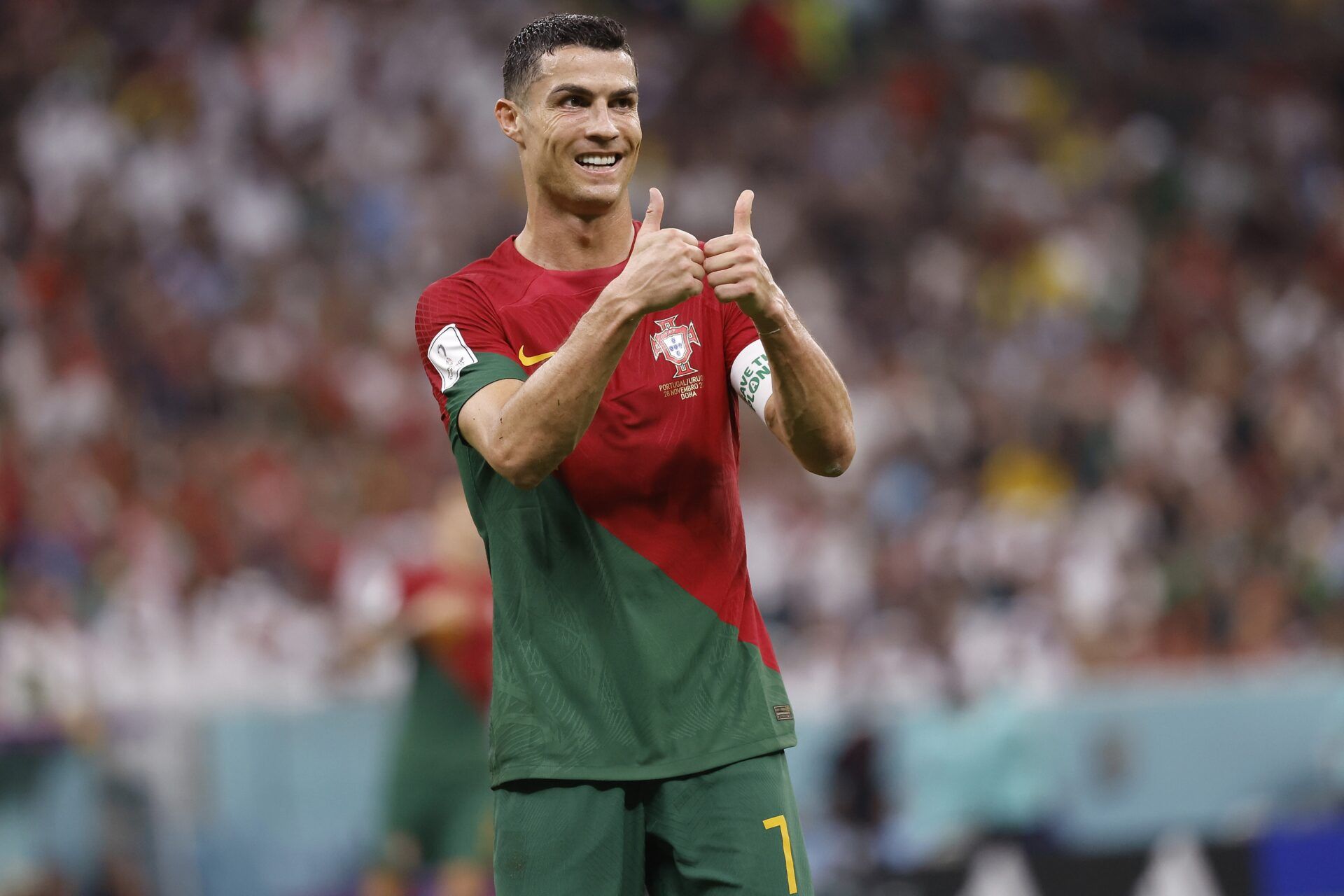 Portugal forward Cristiano Ronaldo (7) reacts during the second half of the group stage match in the 2022 World Cup at Lusail Stadium.
