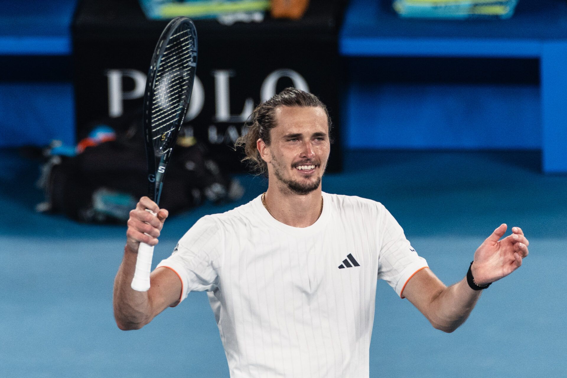 Alexander Zverev of Germany celebrates his victory over Learner Tien of United States in the quarterfinals of the mens singles at the Australian Open at Rod Laver Arena in Melbourne Park.
