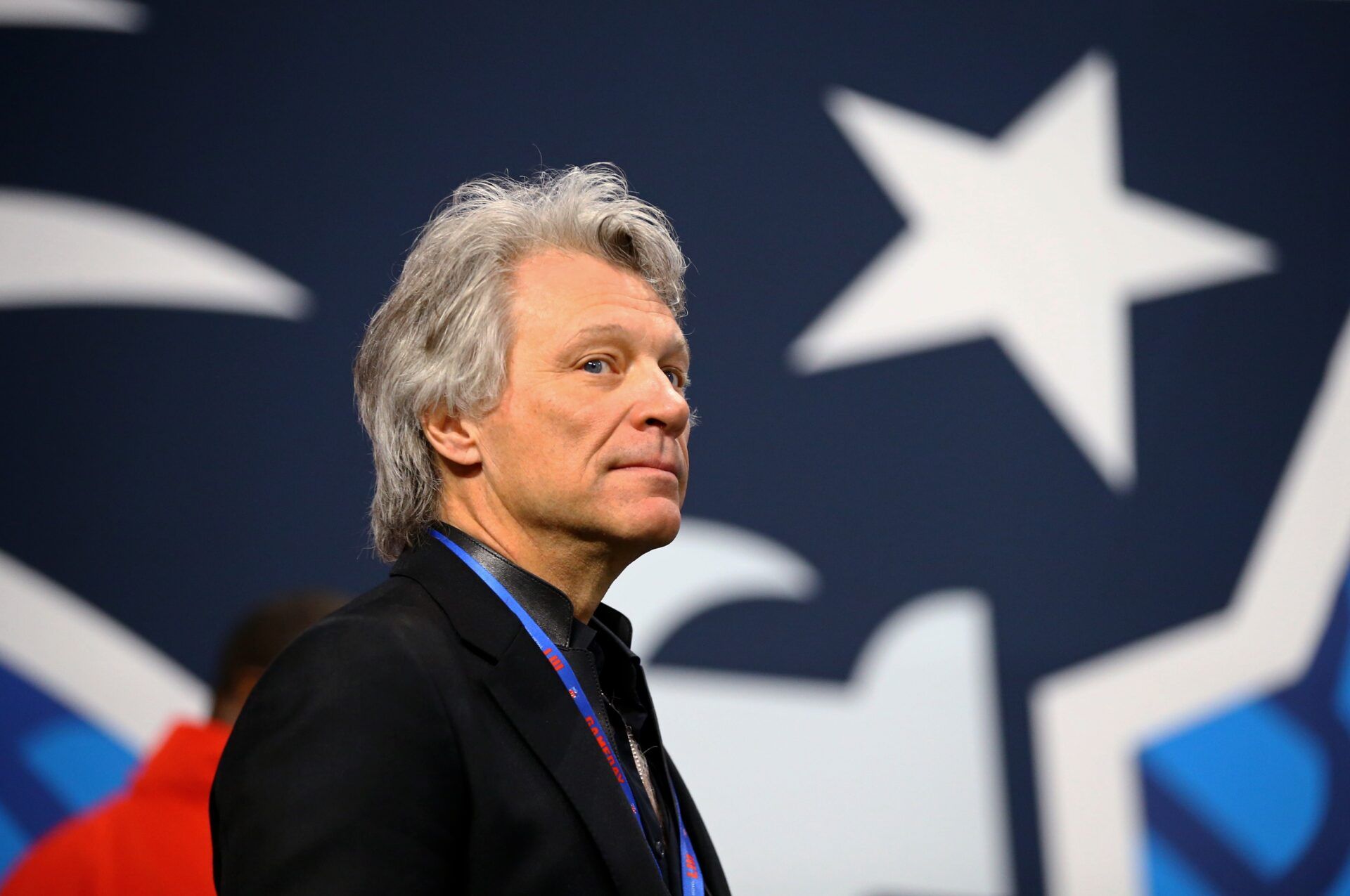 Recording artist Jon Bon Jovi arrives before Super Bowl LIII between the New England Patriots and the Los Angeles Rams at Mercedes-Benz Stadium.