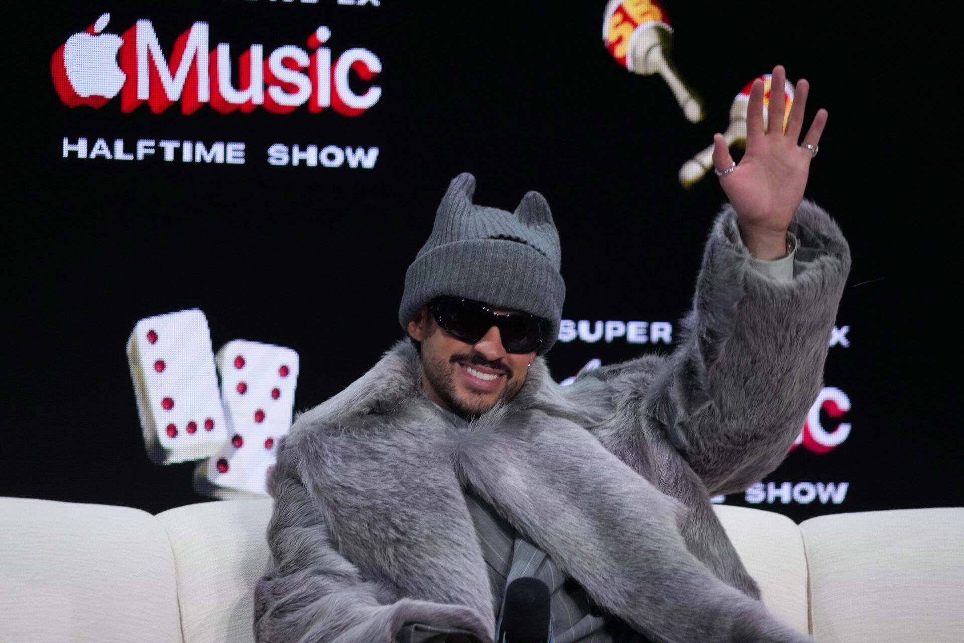 Bad Bunny during the Super Bowl LX halftime show press conference at Moscone Center.