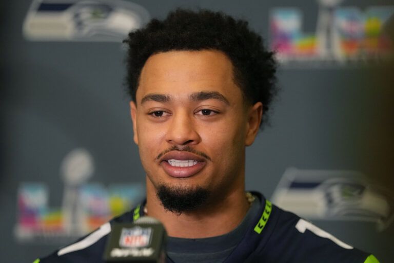Seattle Seahawks wide receiver Jaxon Smith-Njigba (11) talks to media members at the San Jose Marriott.