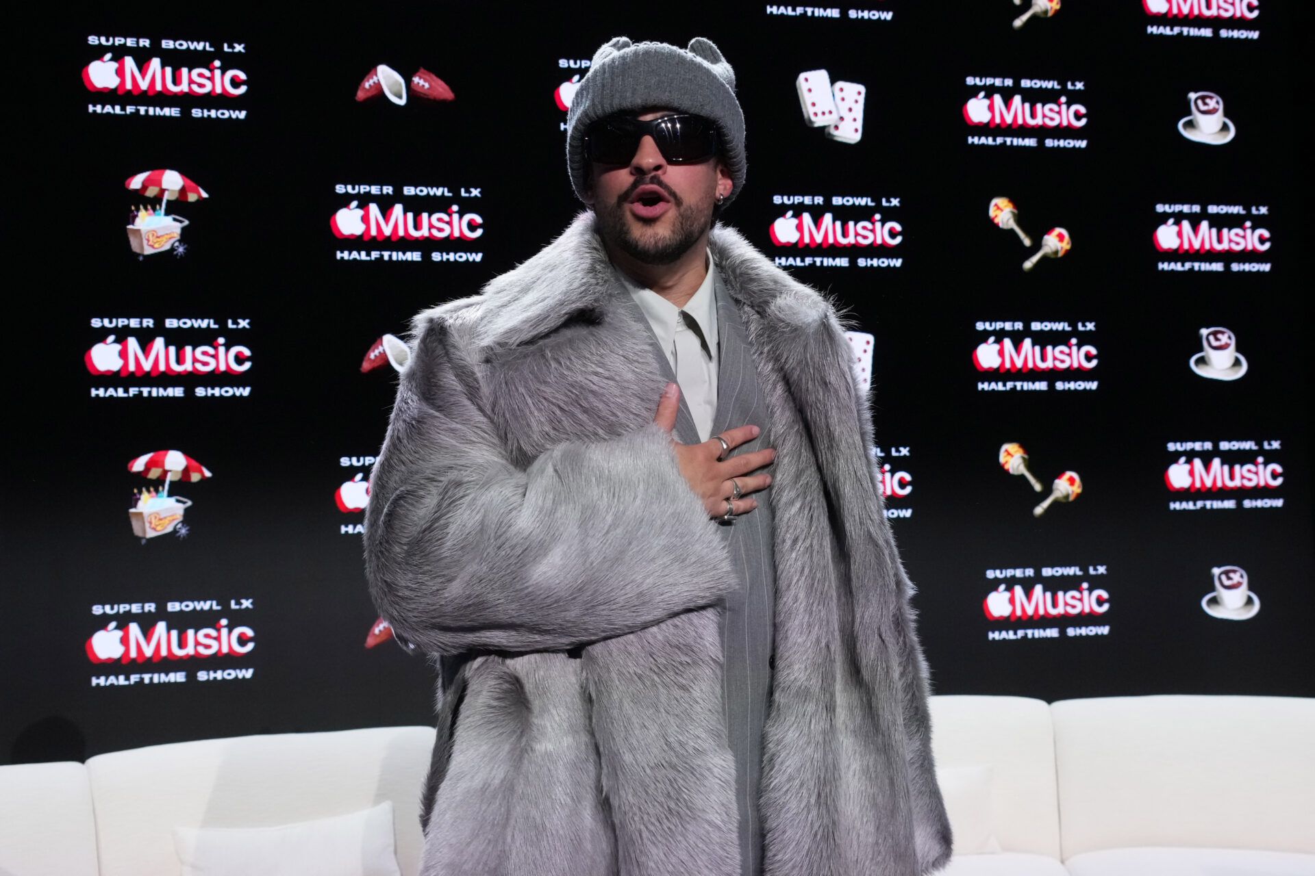 Bad Bunny during the Super Bowl LX halftime show press conference at Moscone Center.