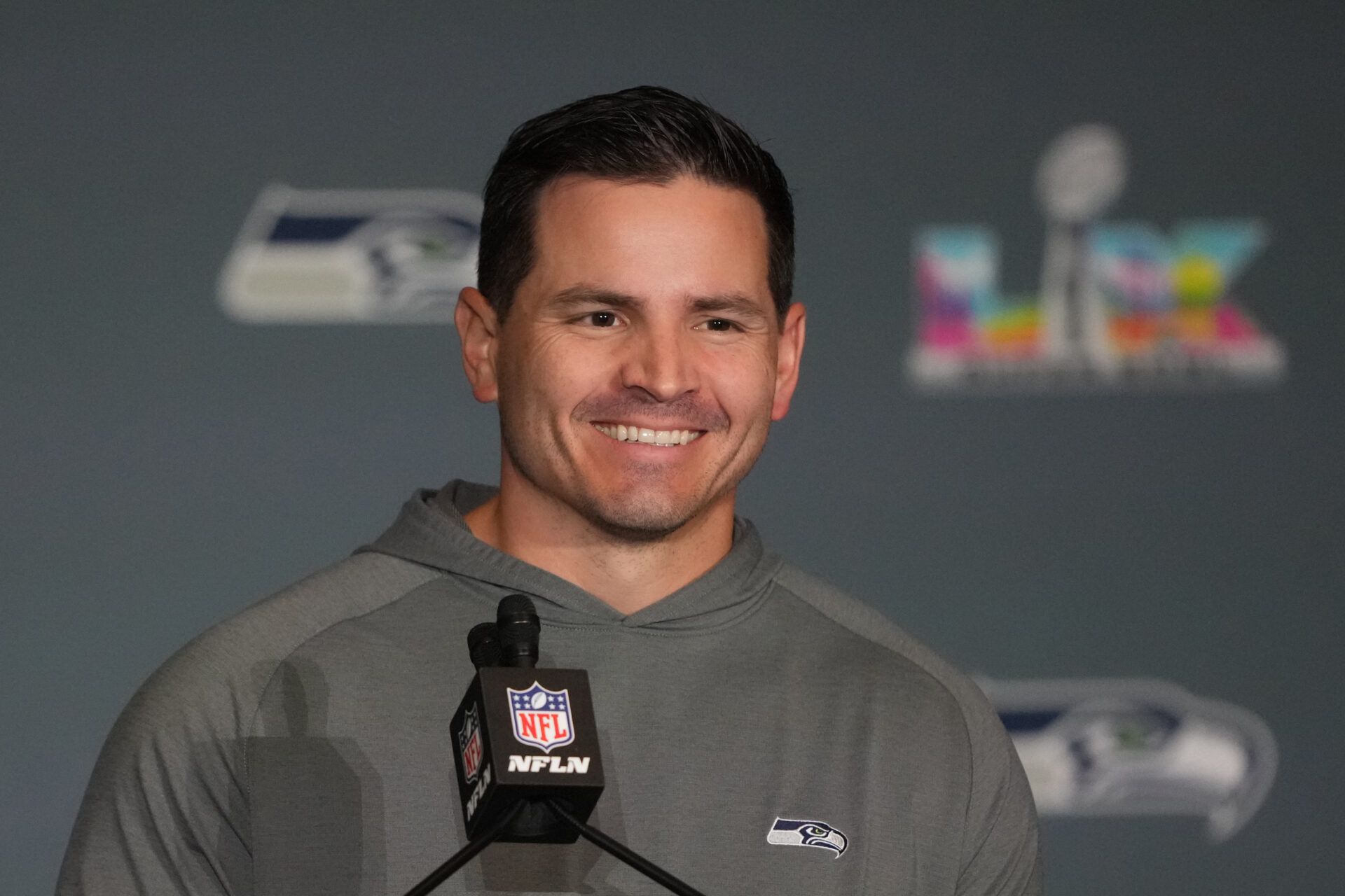 Seattle Seahawks head coach Mike MacDonald talks to media members at the San Jose Marriott.