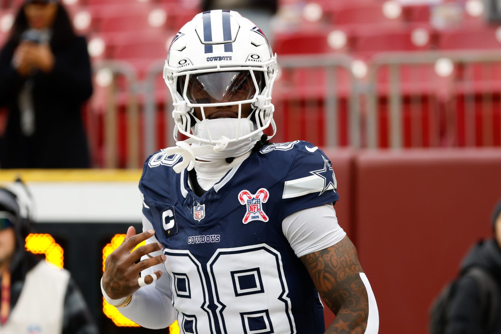 Dallas Cowboys wide receiver Ceedee Lamb (88) runs onto the field prior to the game against the Washington Commanders at Northwest Stadium.