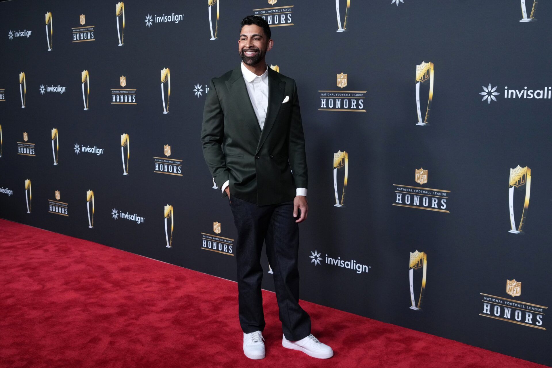 Dhar Mann on the red carpet during the NFL Honors Red Carpet before Super Bowl LX at Palace of Fine Arts.