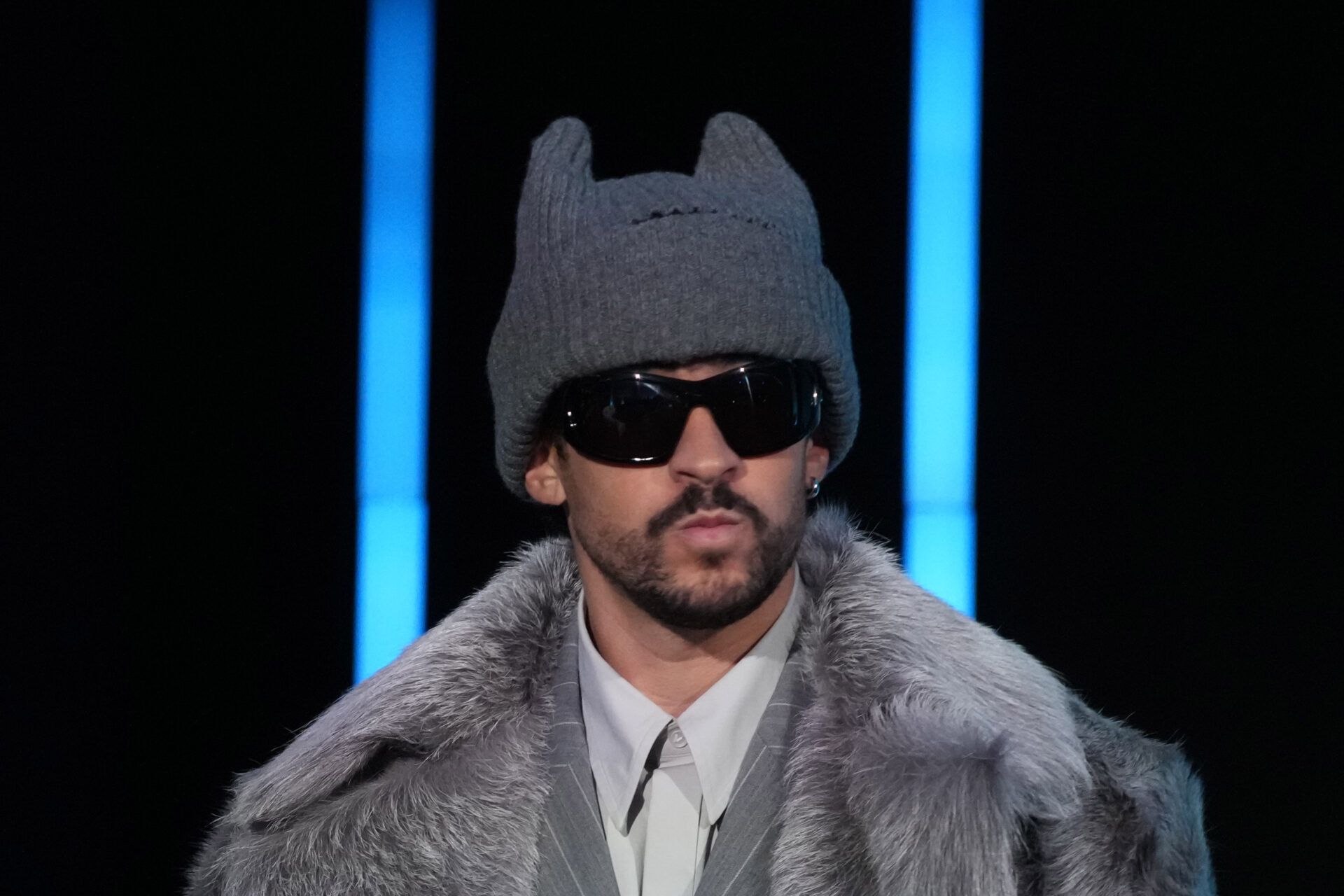 Bad Bunny during the Super Bowl LX halftime show press conference at Moscone Center.