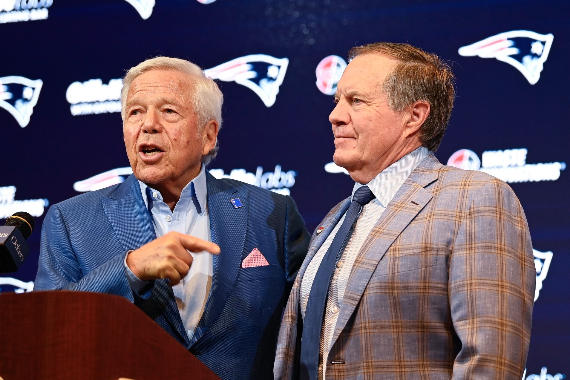 New England Patriots owner Robert Kraft (left) and Patriots former head coach Bill Belichick (right) and hold a press conference at Gillette Stadium to announce Belichick's exit from the team.