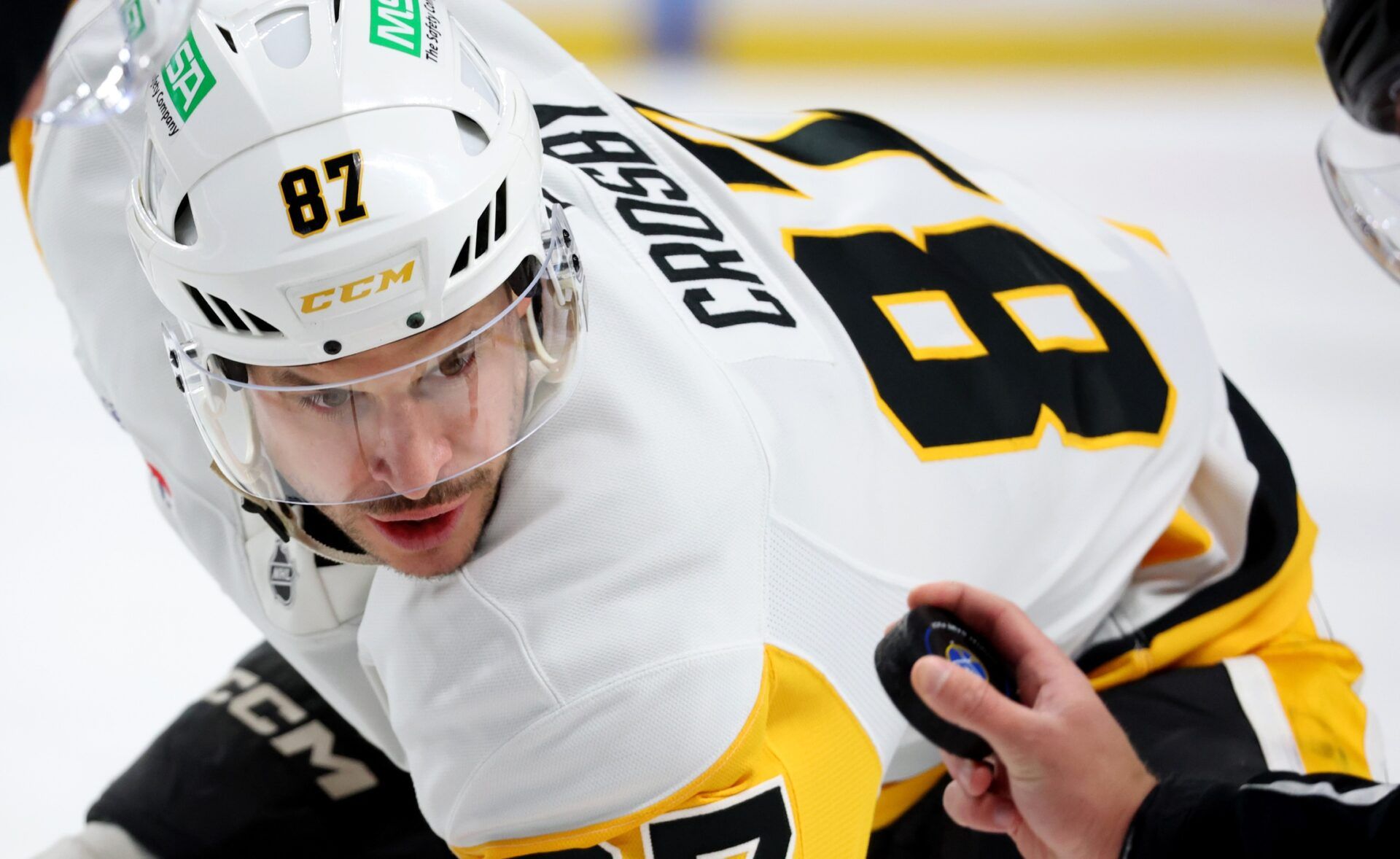 Pittsburgh Penguins center Sidney Crosby (87) waits for the face-off during the first period against the Buffalo Sabres at KeyBank Center.