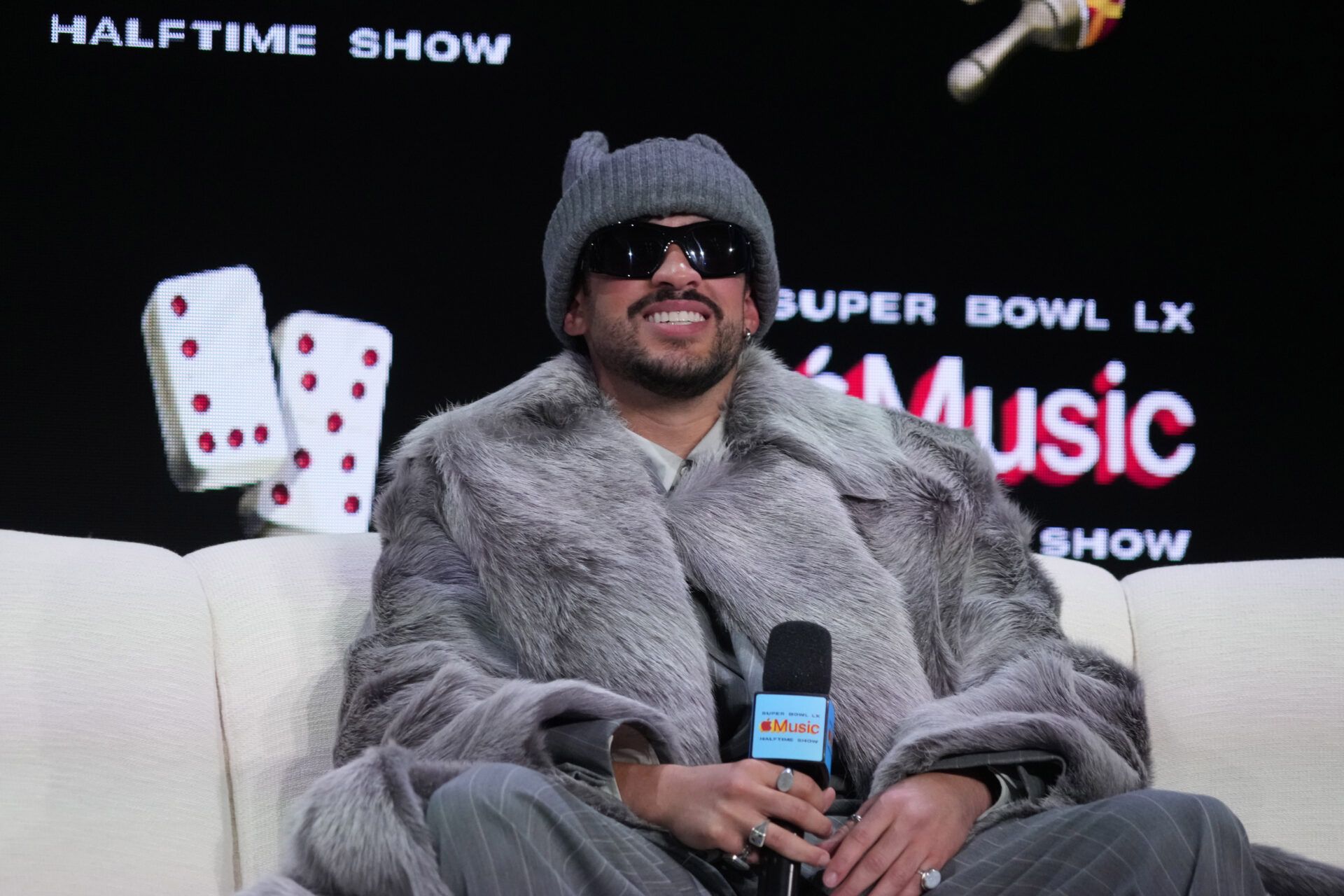 Bad Bunny during the Super Bowl LX halftime show press conference at Moscone Center.