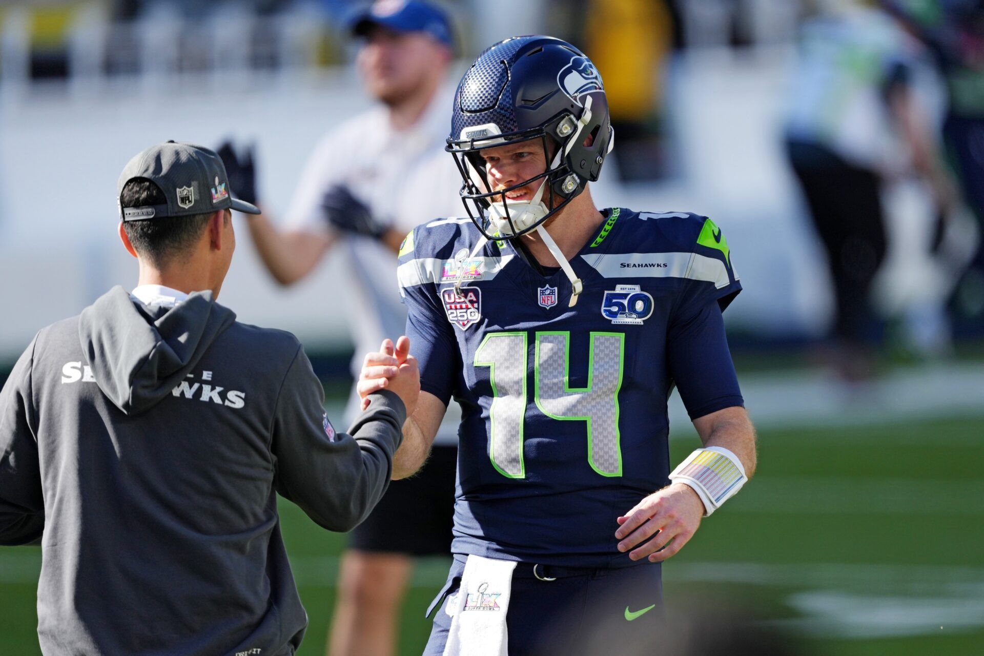 Seattle Seahawks quarterback Sam Darnold (14) warms up before the game against the New England Patriots in Super Bowl LX at Levi's Stadium.